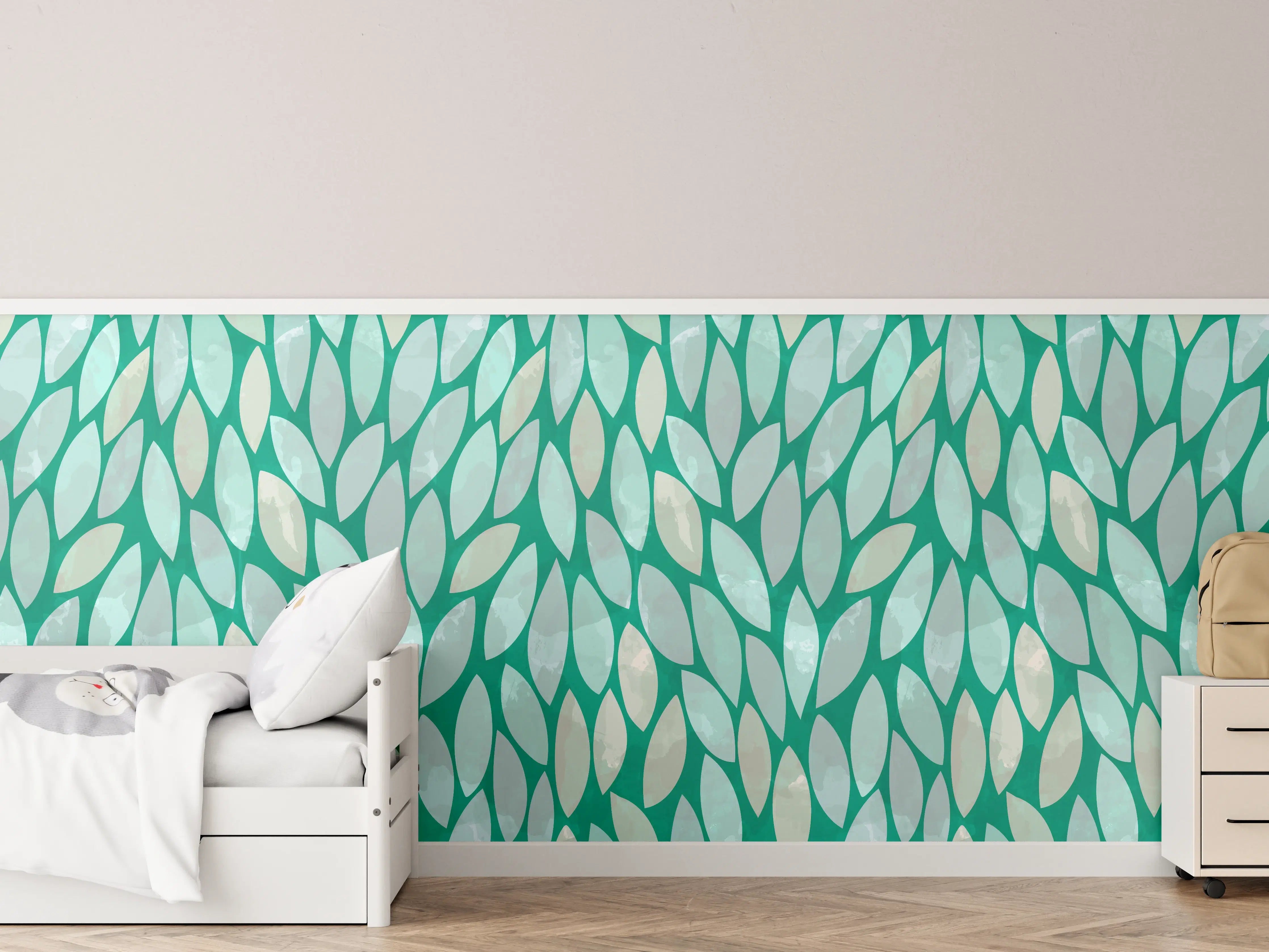 Kinderzimmer Wandgestaltung - Grünes Blättermuster mit weißen Akzenten