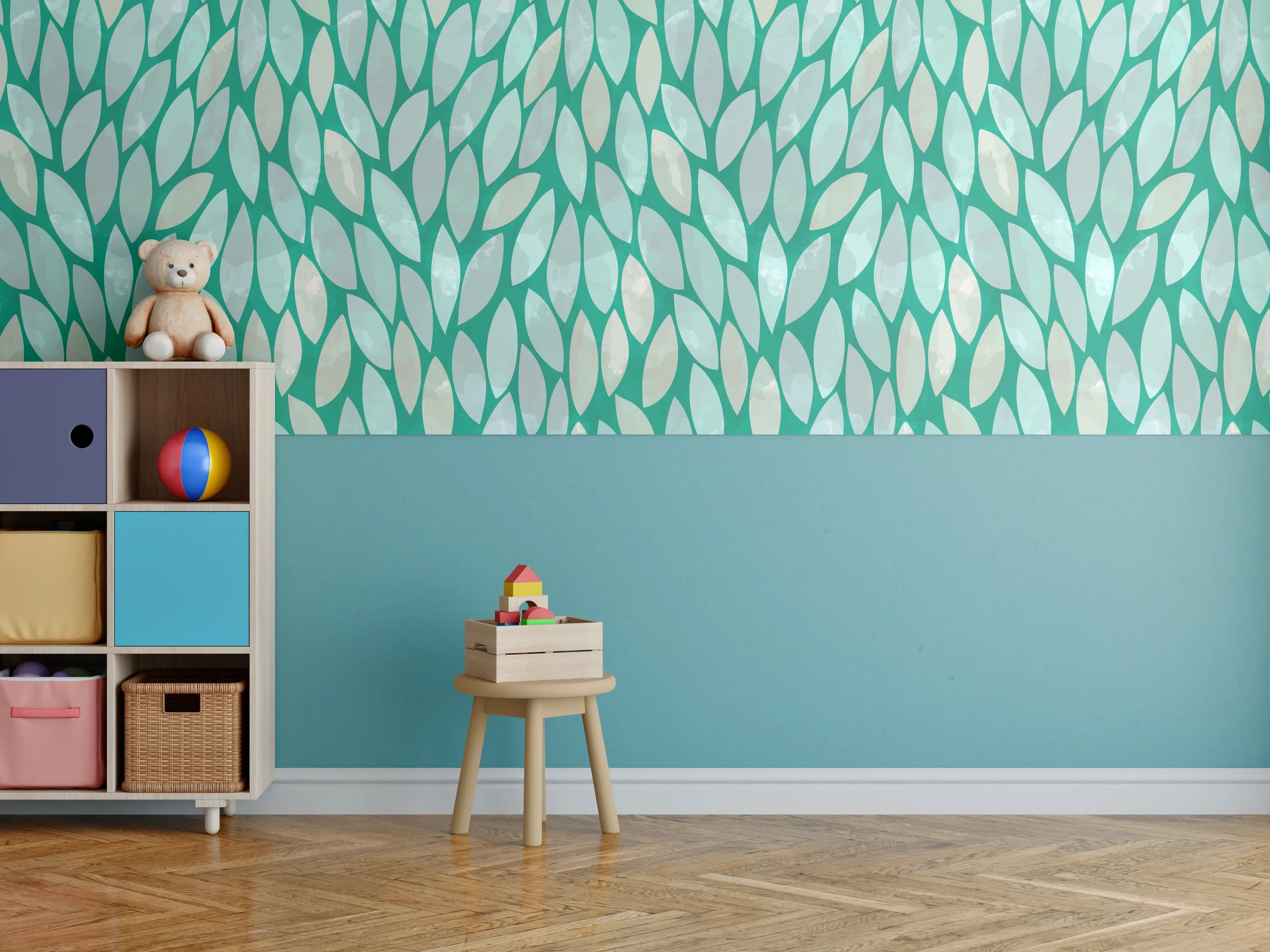 Kinderzimmer Wandgestaltung - Grünes Blättermuster mit weißen Akzenten