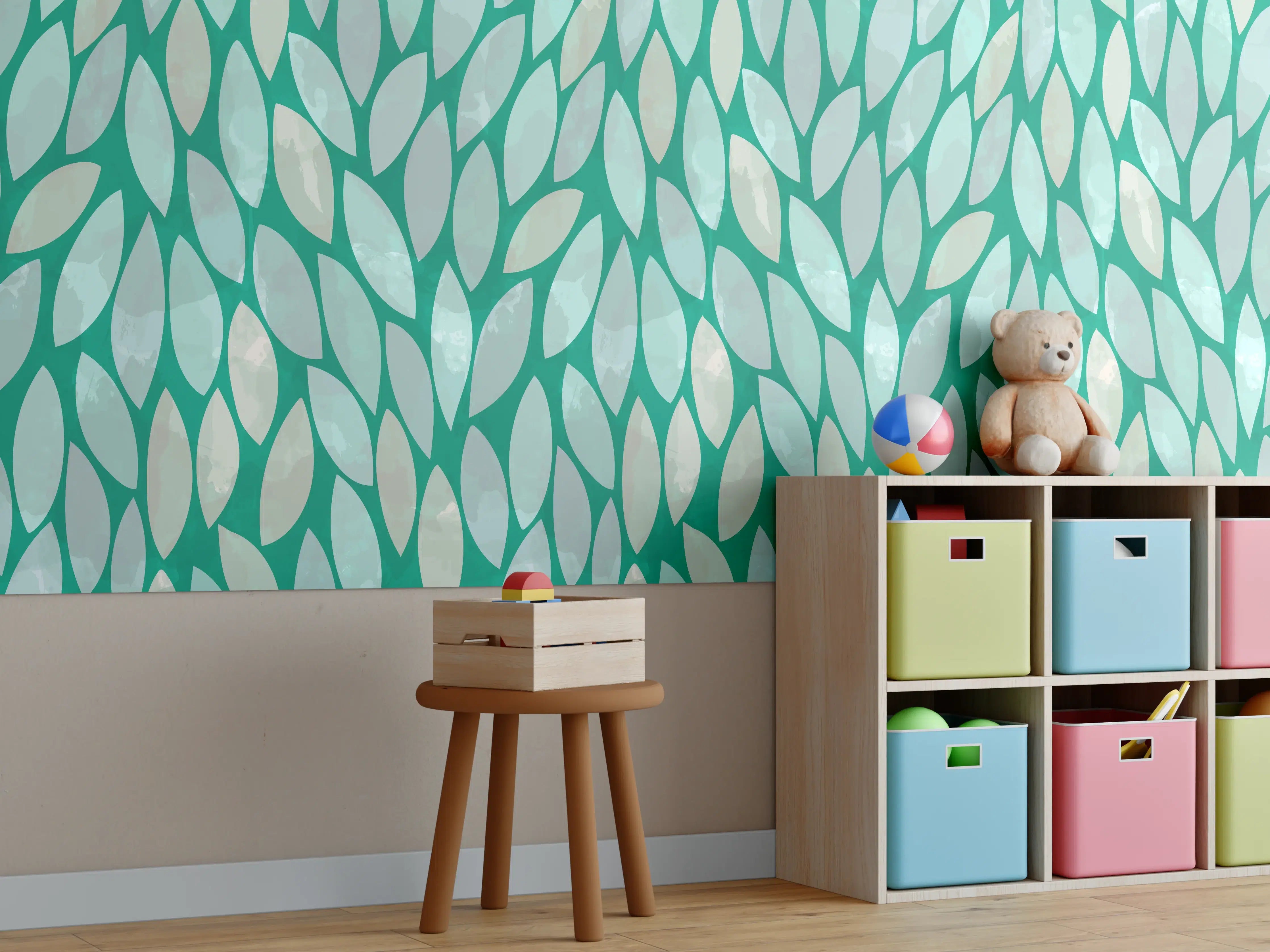Kinderzimmer Wandgestaltung - Grünes Blättermuster mit weißen Akzenten