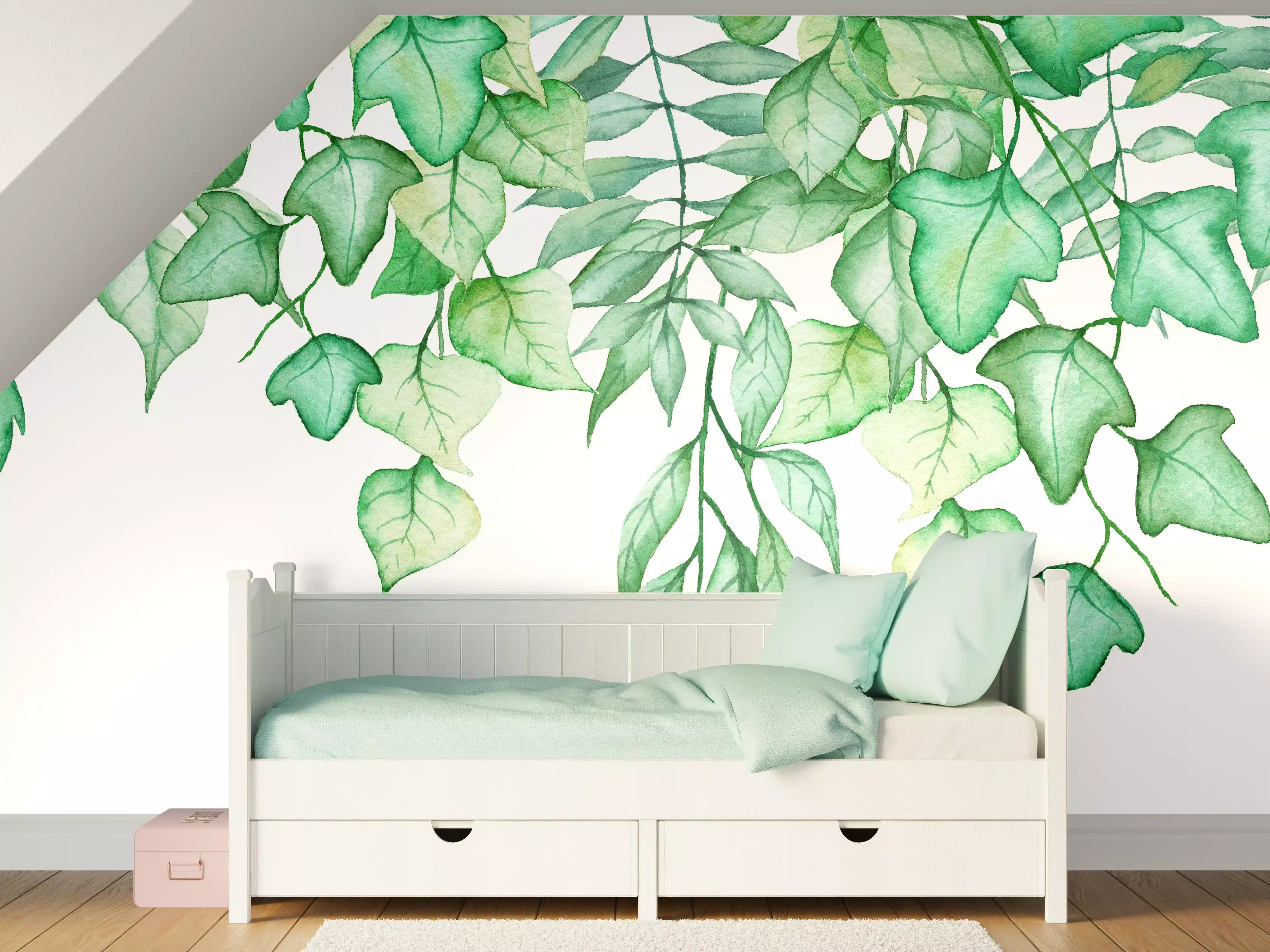 Kinderzimmer Wandgestaltung - Handgezeichneten Aquarellblättern und Efeu