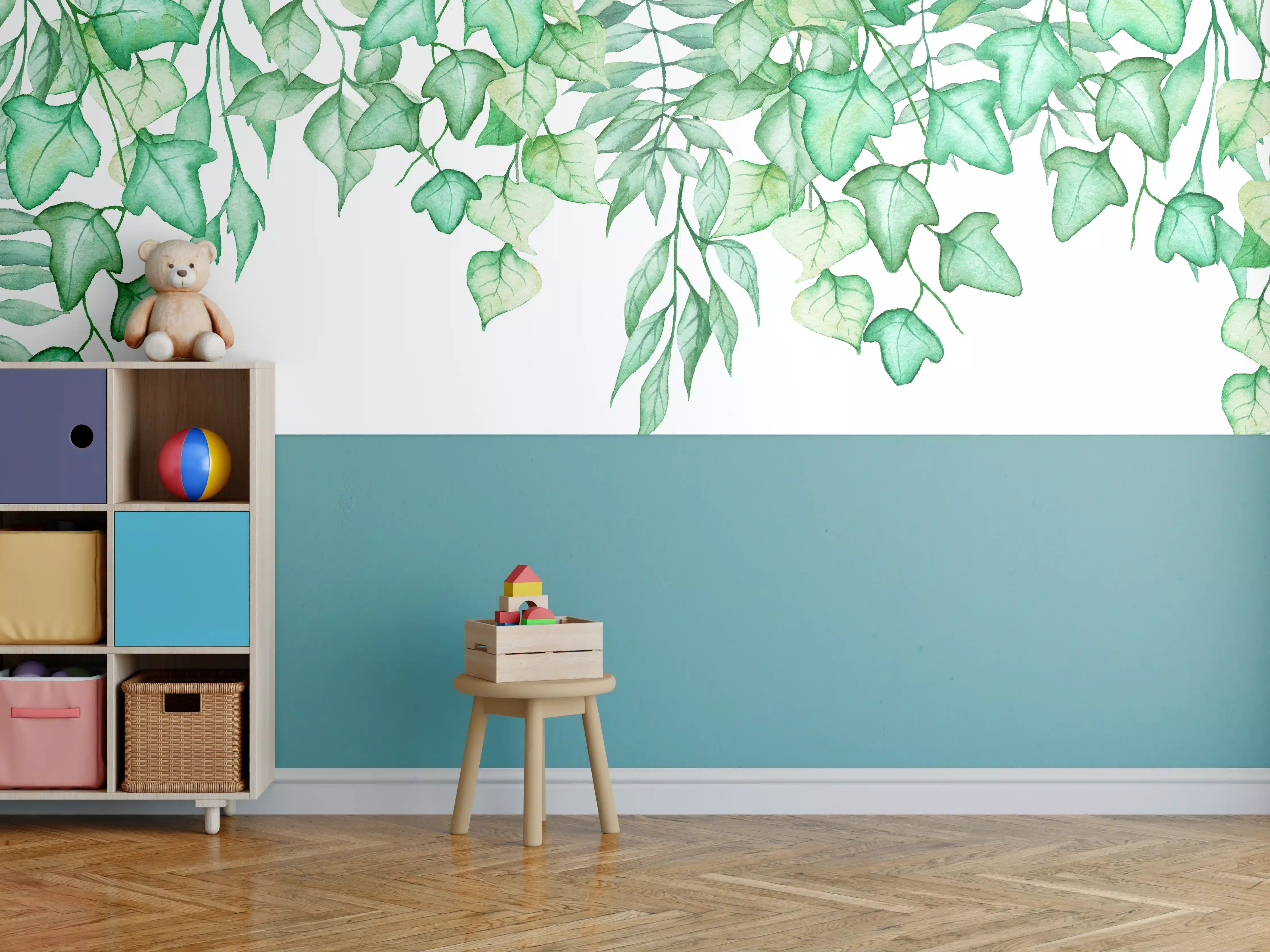 Kinderzimmer Wandgestaltung - Handgezeichneten Aquarellblättern und Efeu
