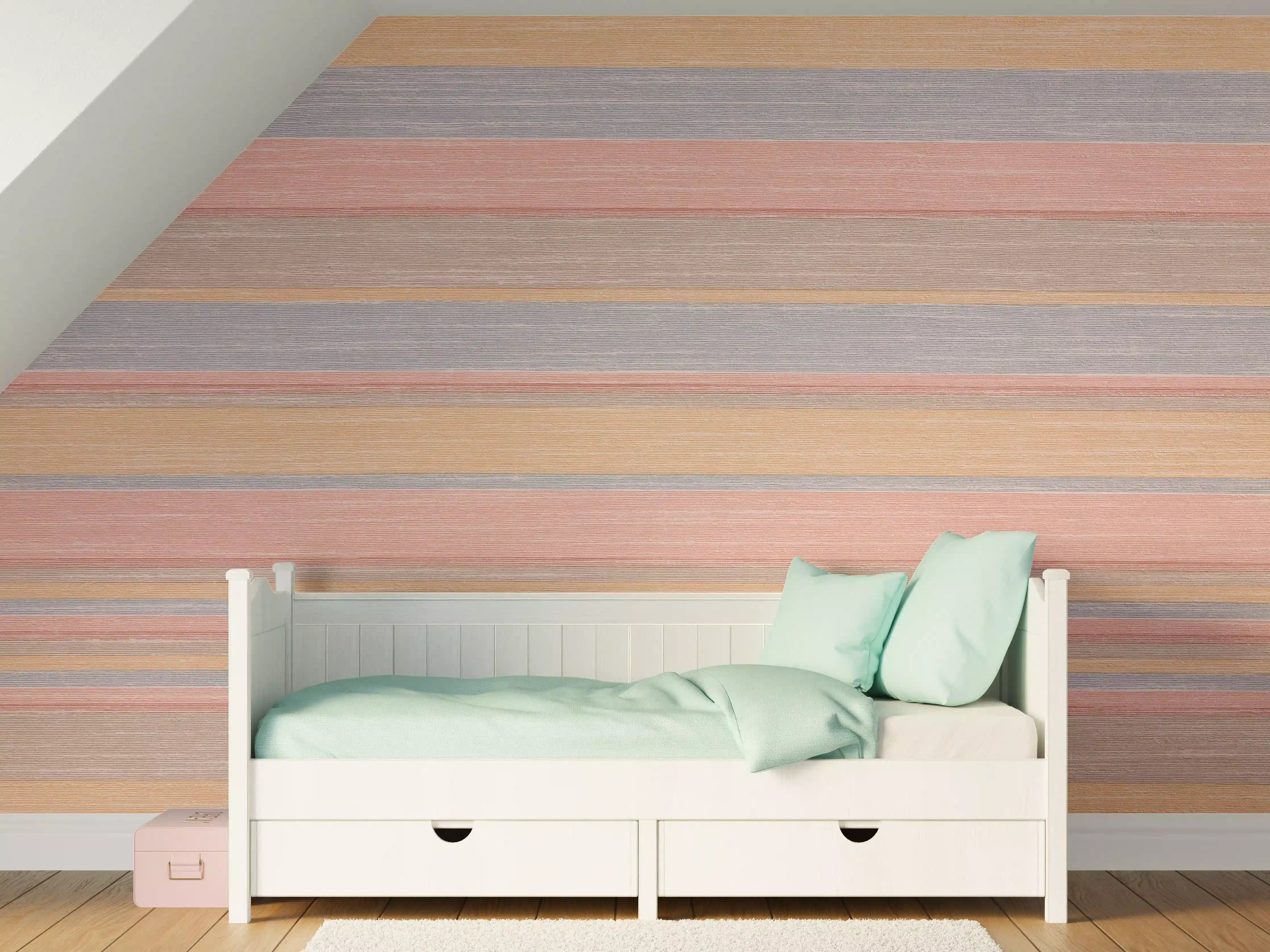 Kinderzimmer Wandgestaltung - Harmonische Holzoptik mit pastelligen Streifen