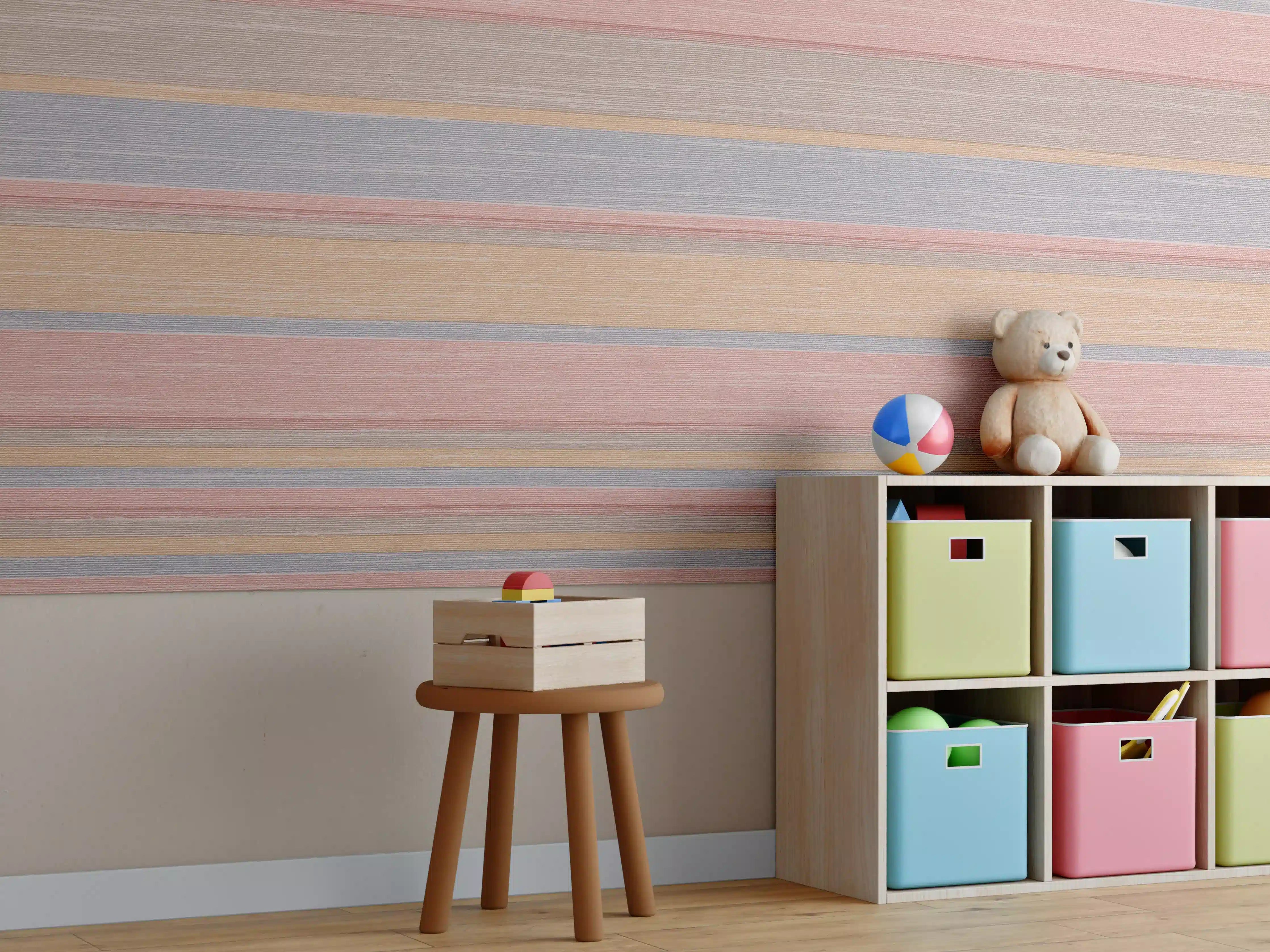 Kinderzimmer Wandgestaltung - Harmonische Holzoptik mit pastelligen Streifen