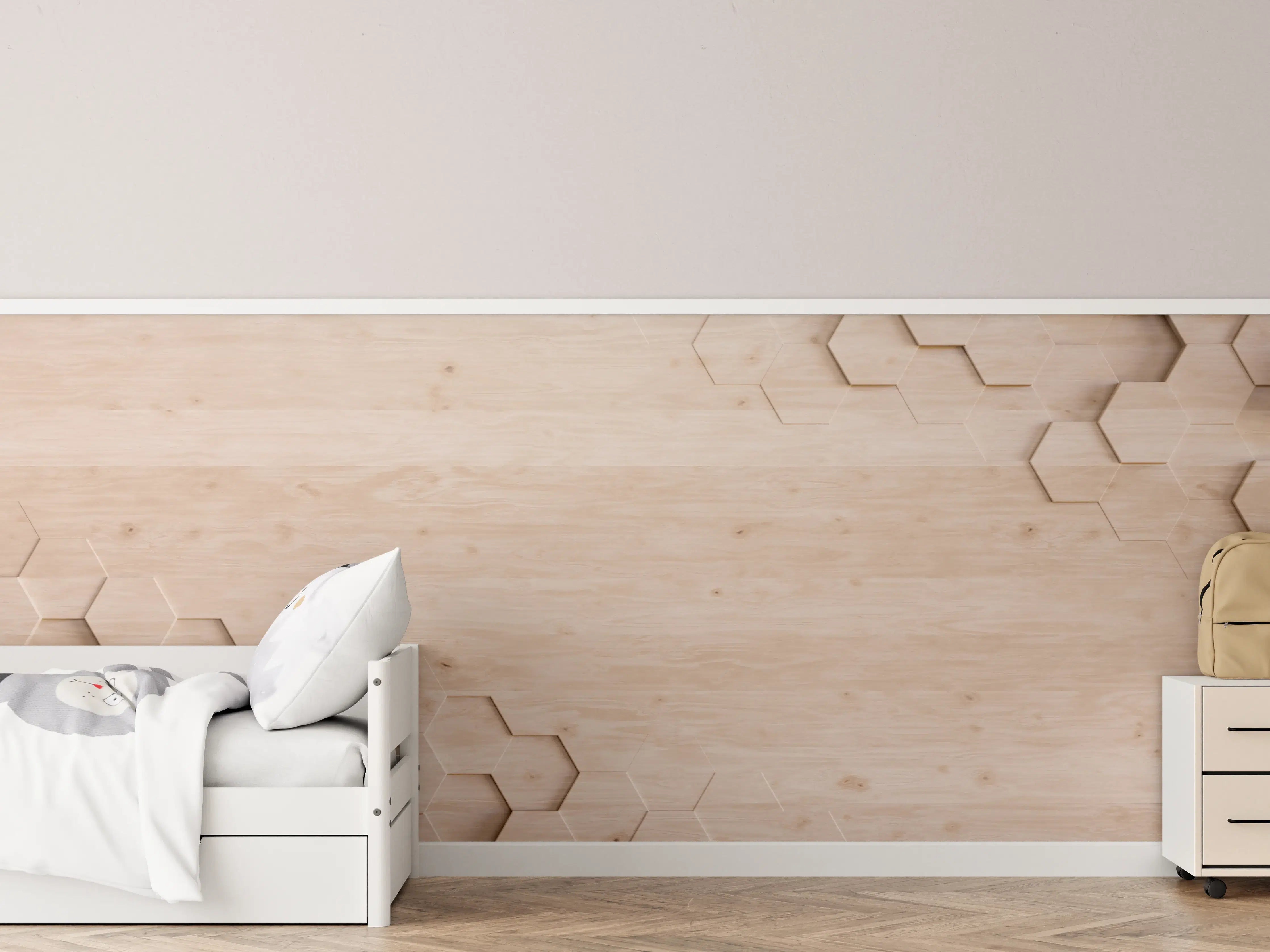 Kinderzimmer Wandgestaltung - Hell erleuchtetes Hexagon-Muster auf Holz