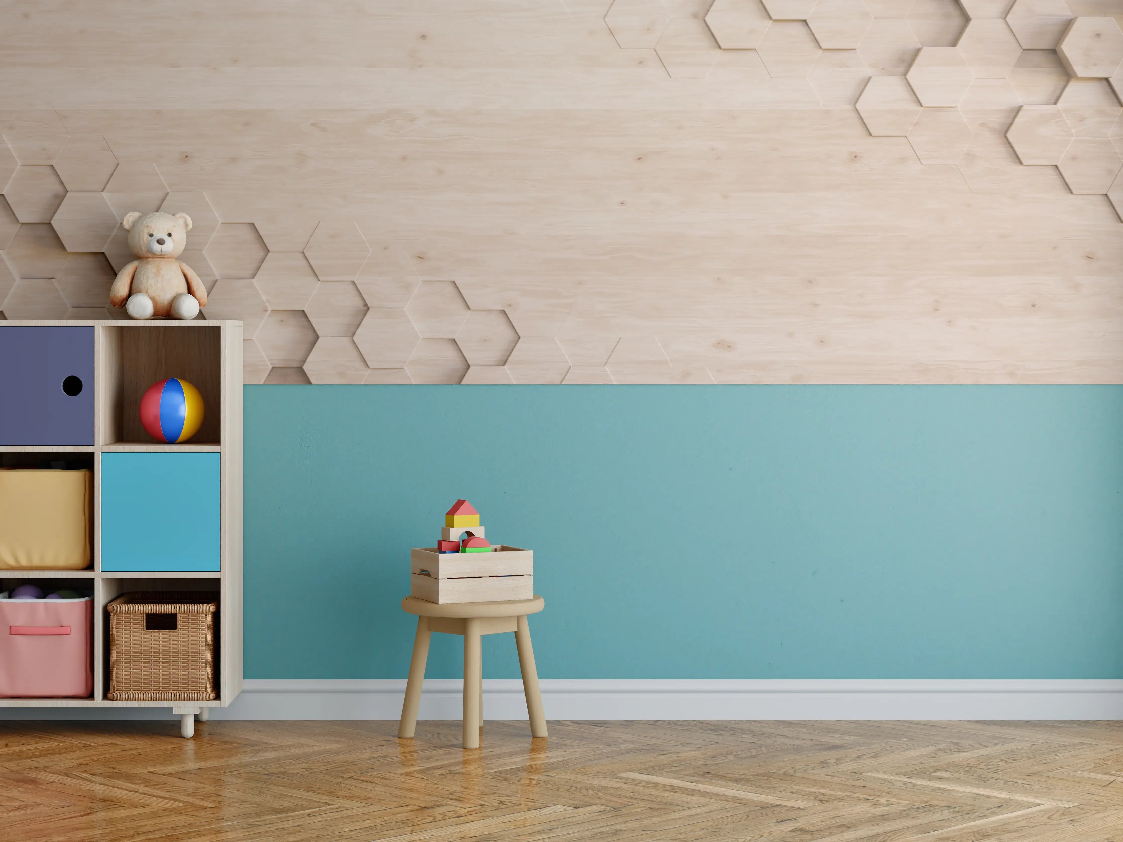 Kinderzimmer Wandgestaltung - Hell erleuchtetes Hexagon-Muster auf Holz