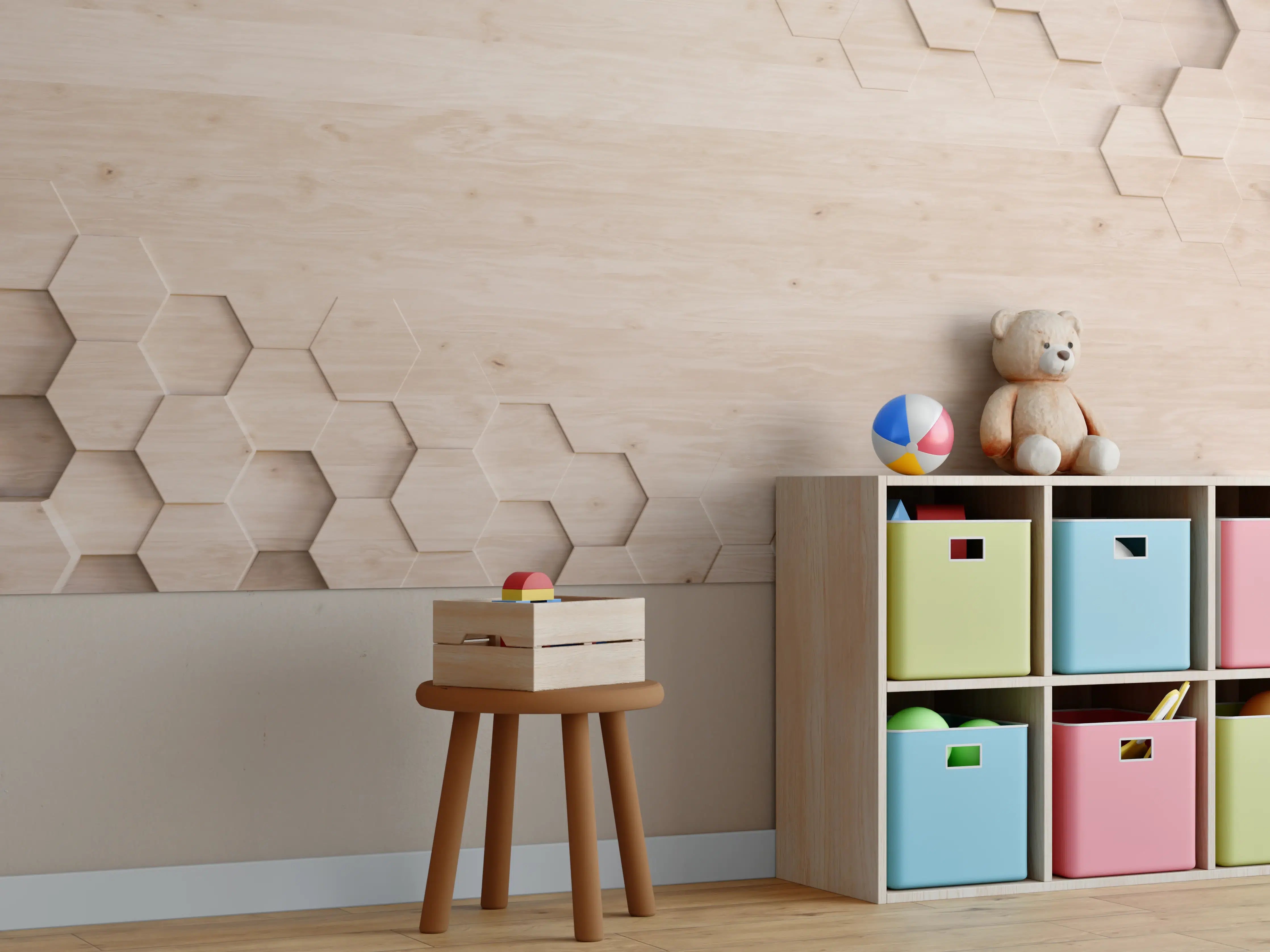 Kinderzimmer Wandgestaltung - Hell erleuchtetes Hexagon-Muster auf Holz