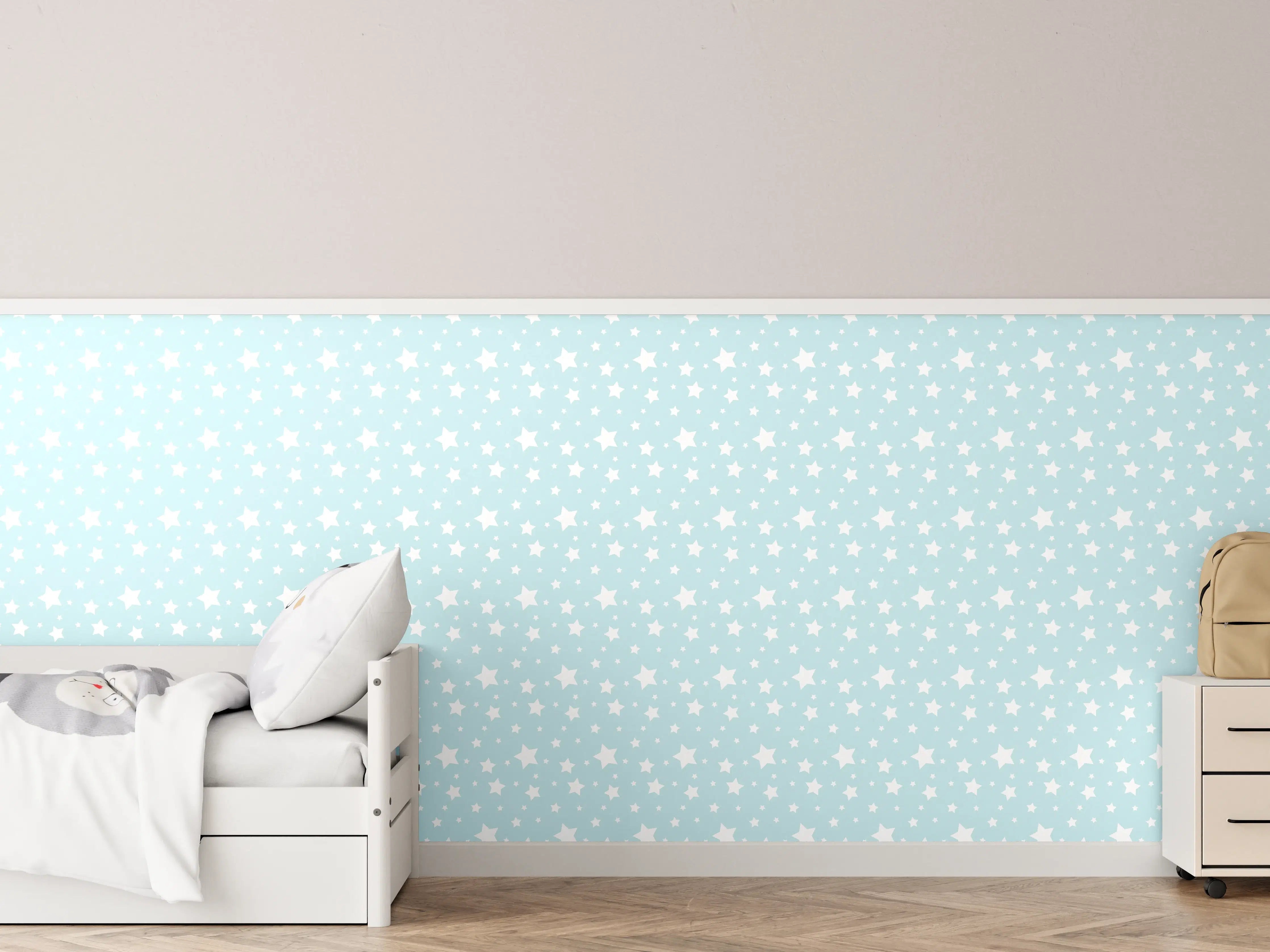 Kinderzimmer Wandgestaltung - Hellblaue Kinderzimmerwand mit Sternmustern
