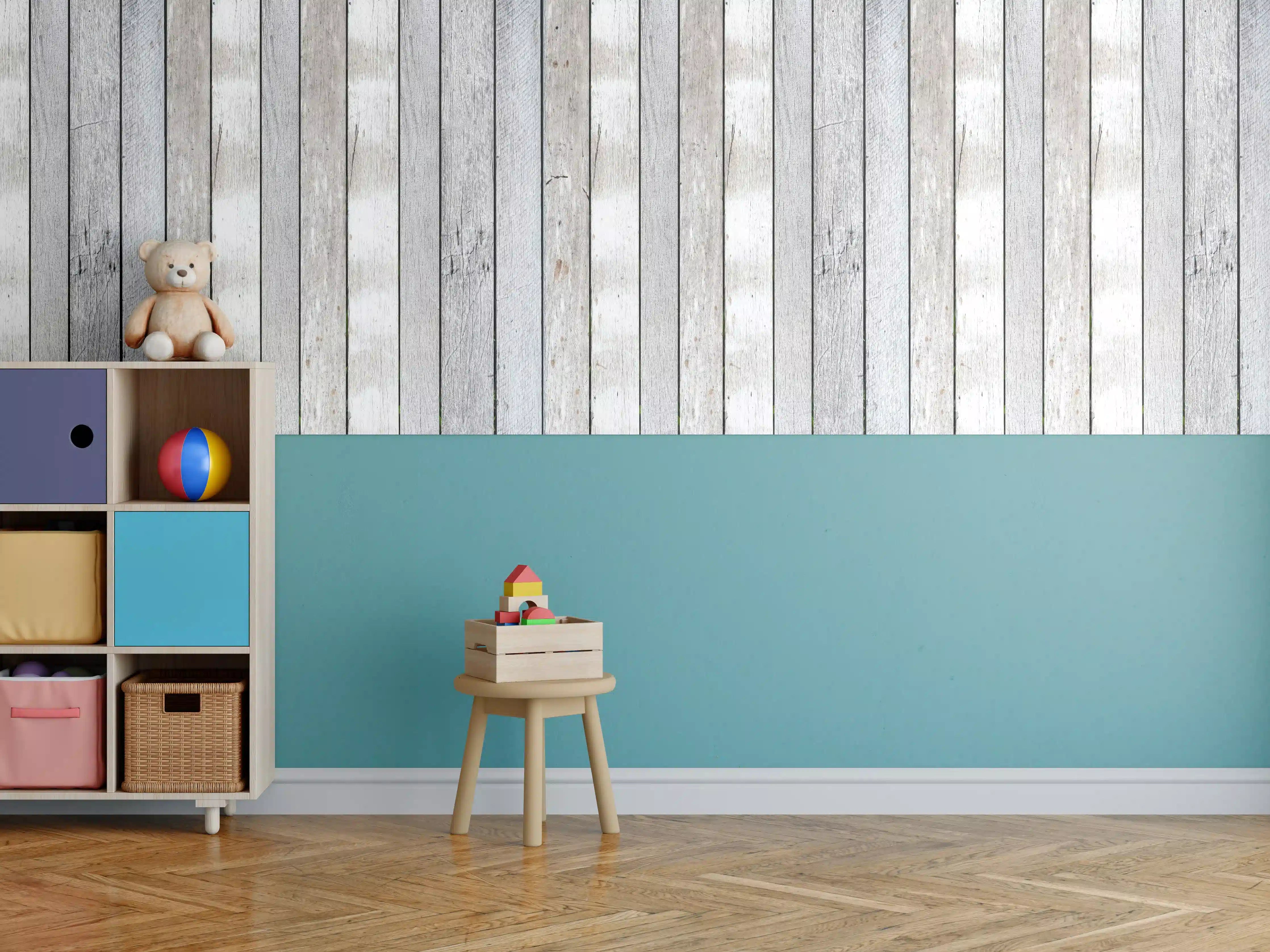 Kinderzimmer Wandgestaltung - Helle Holzvertäfelung mit grauen Akzenten