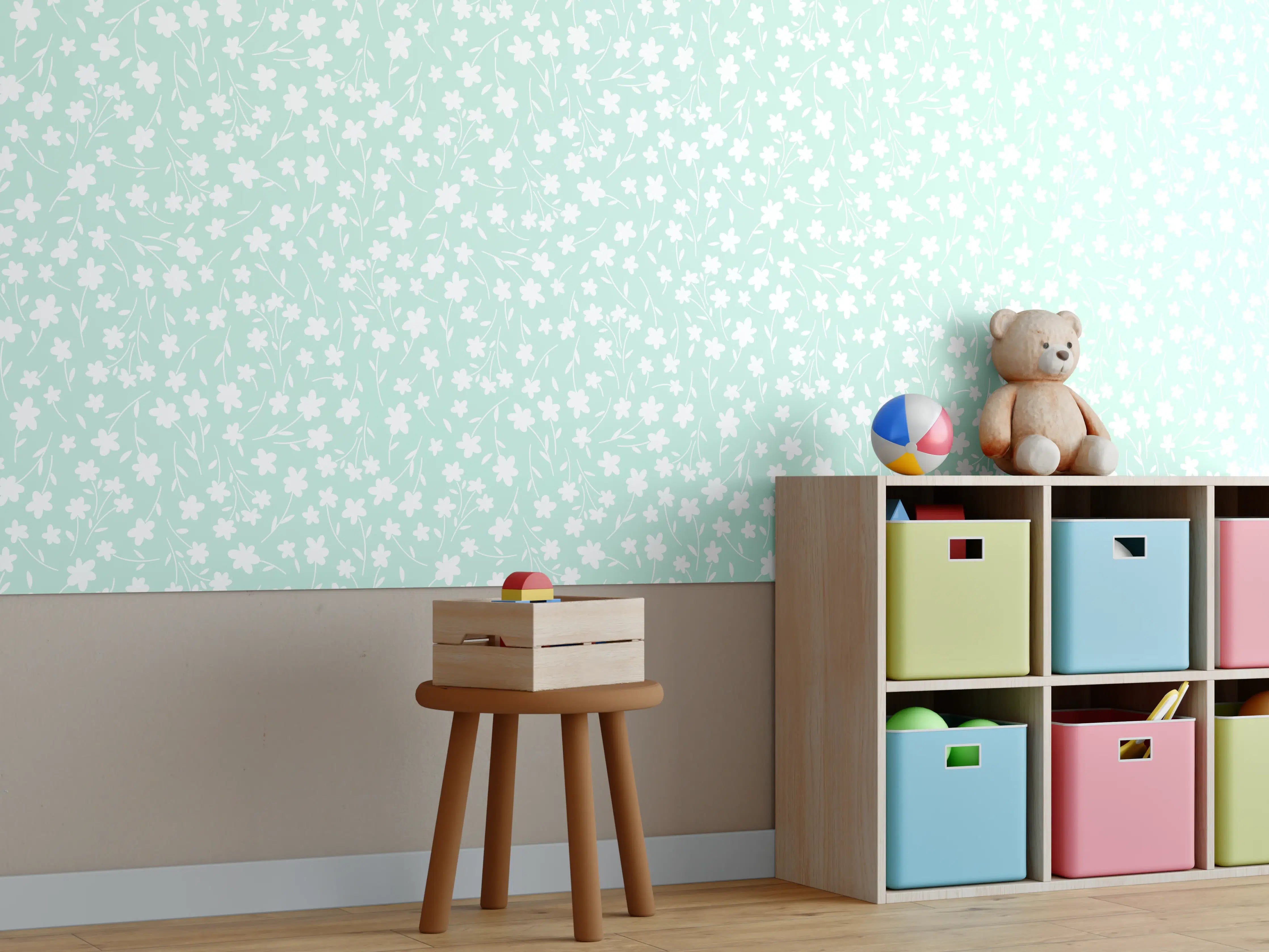 Kinderzimmer Wandgestaltung - Helle Minzgrüne Blümchenmuster