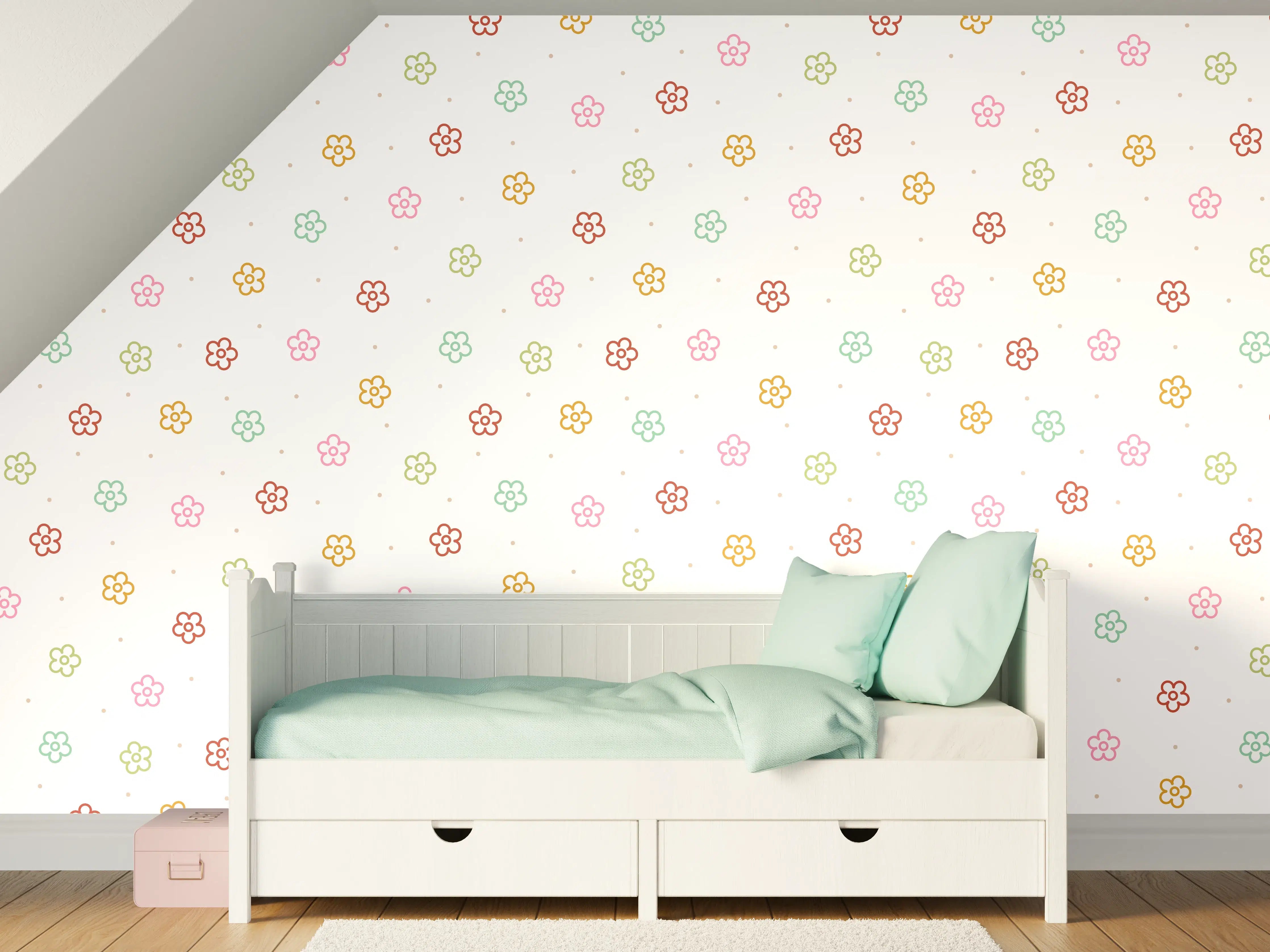Kinderzimmer Wandgestaltung - Helle, bunte Blumenmuster in Pastellfarben