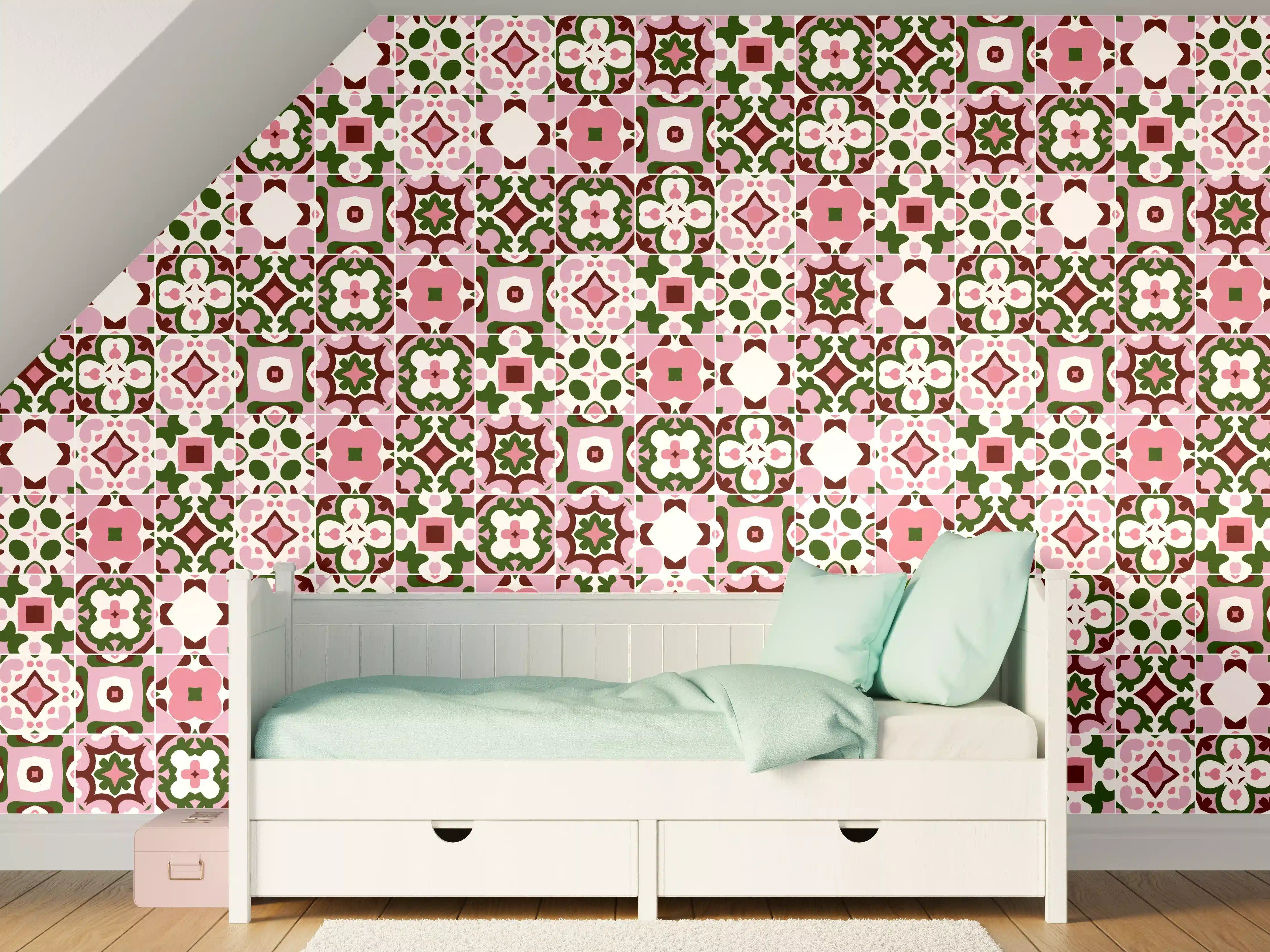 Kinderzimmer Wandgestaltung - Helle, florale Mustermuster mit Rosa, Grün und Weiß