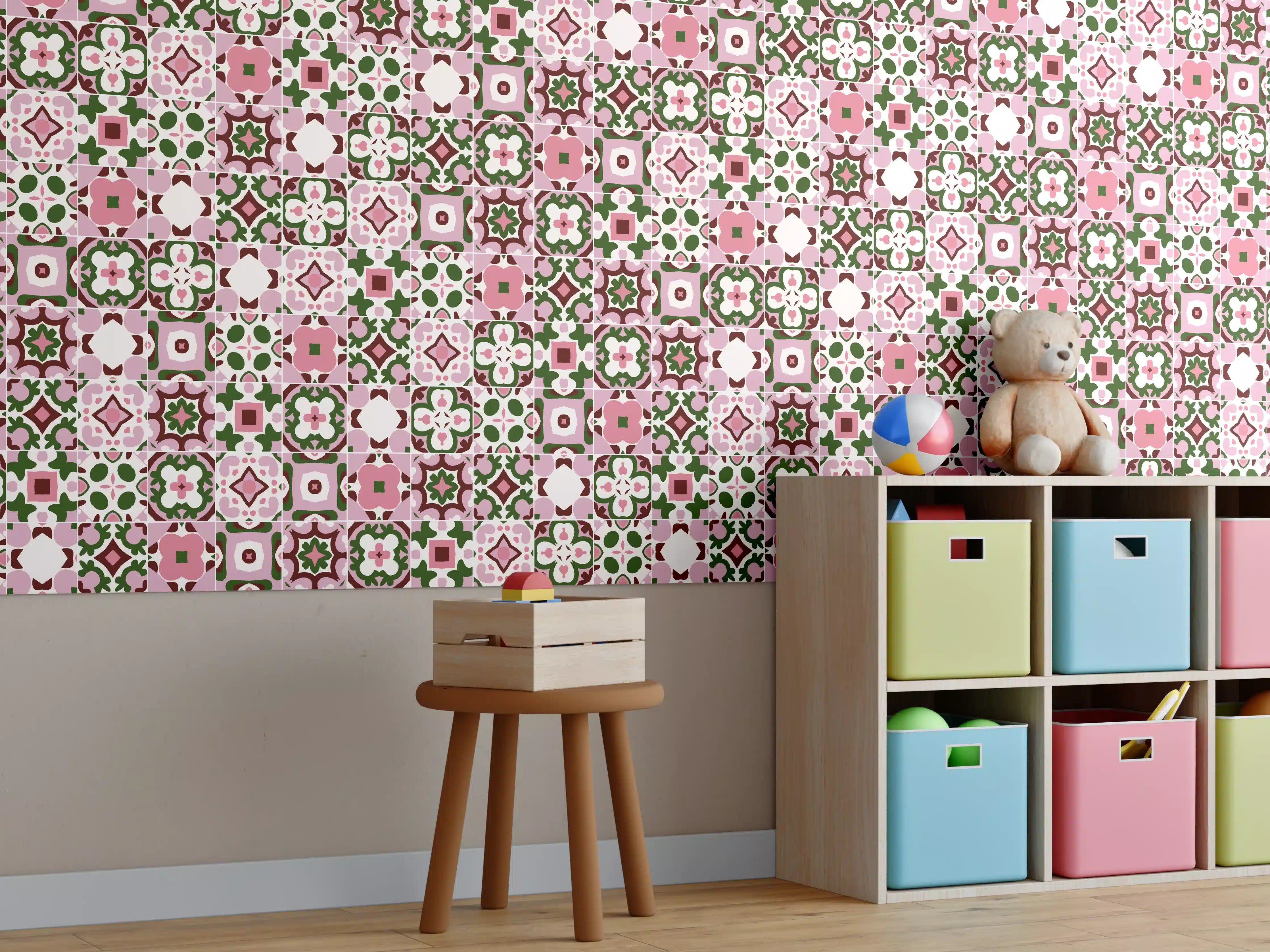 Kinderzimmer Wandgestaltung - Helle, florale Mustermuster mit Rosa, Grün und Weiß