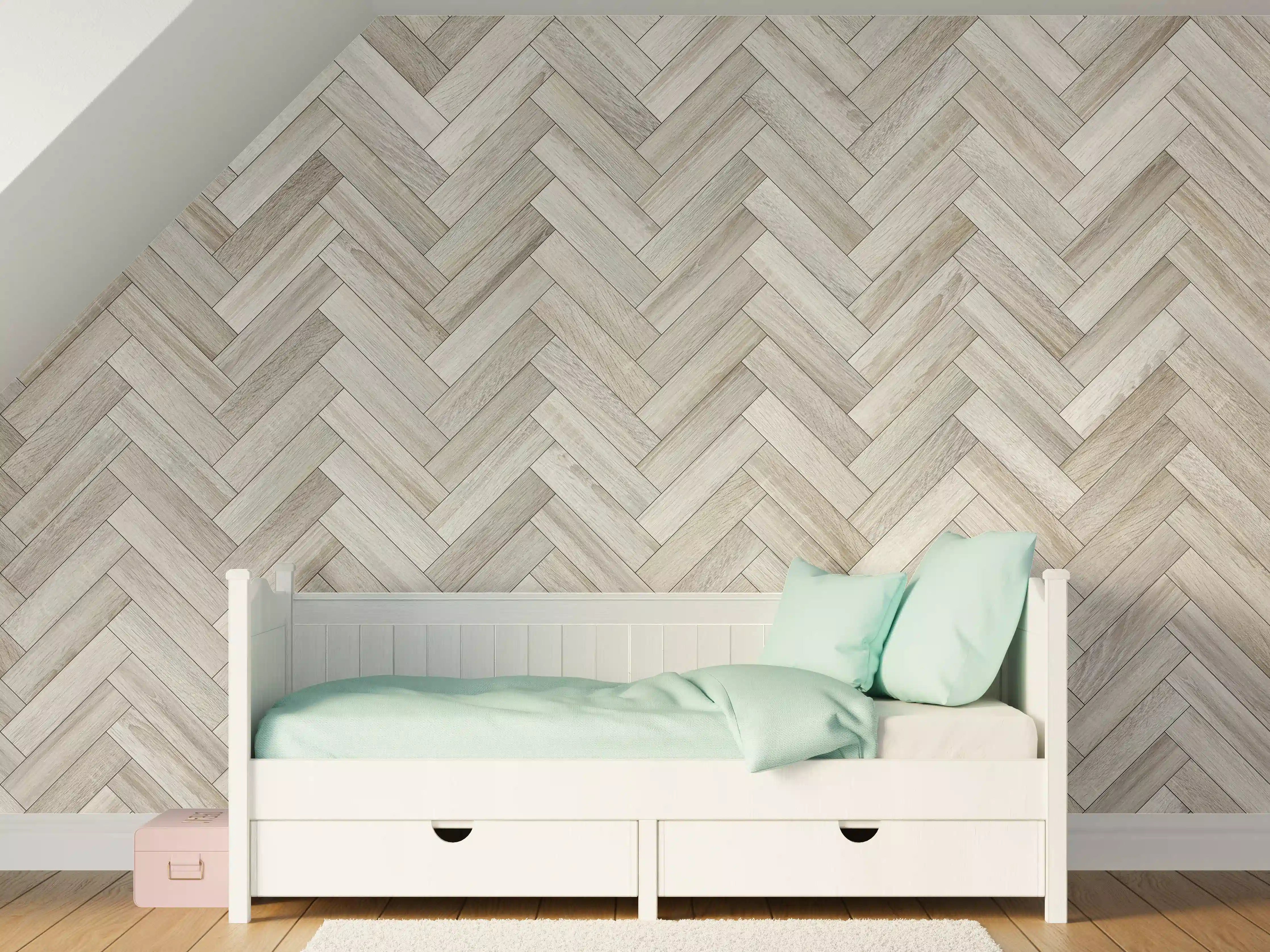 Kinderzimmer Wandgestaltung - Heller Holzparkett in Zickzackmuster