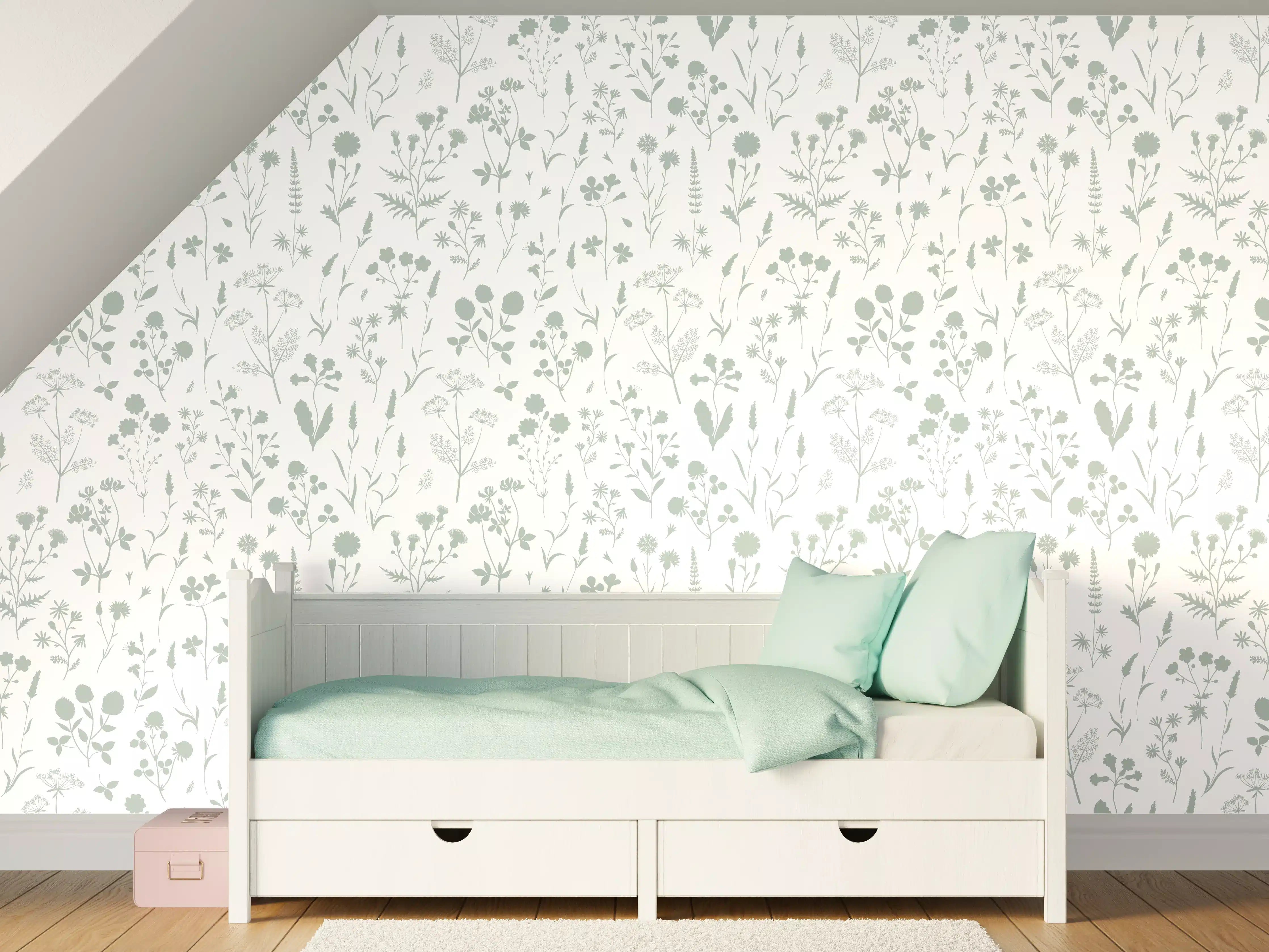 Kinderzimmer Wandgestaltung - Heller floraler Muster mit sanften Grüntönen