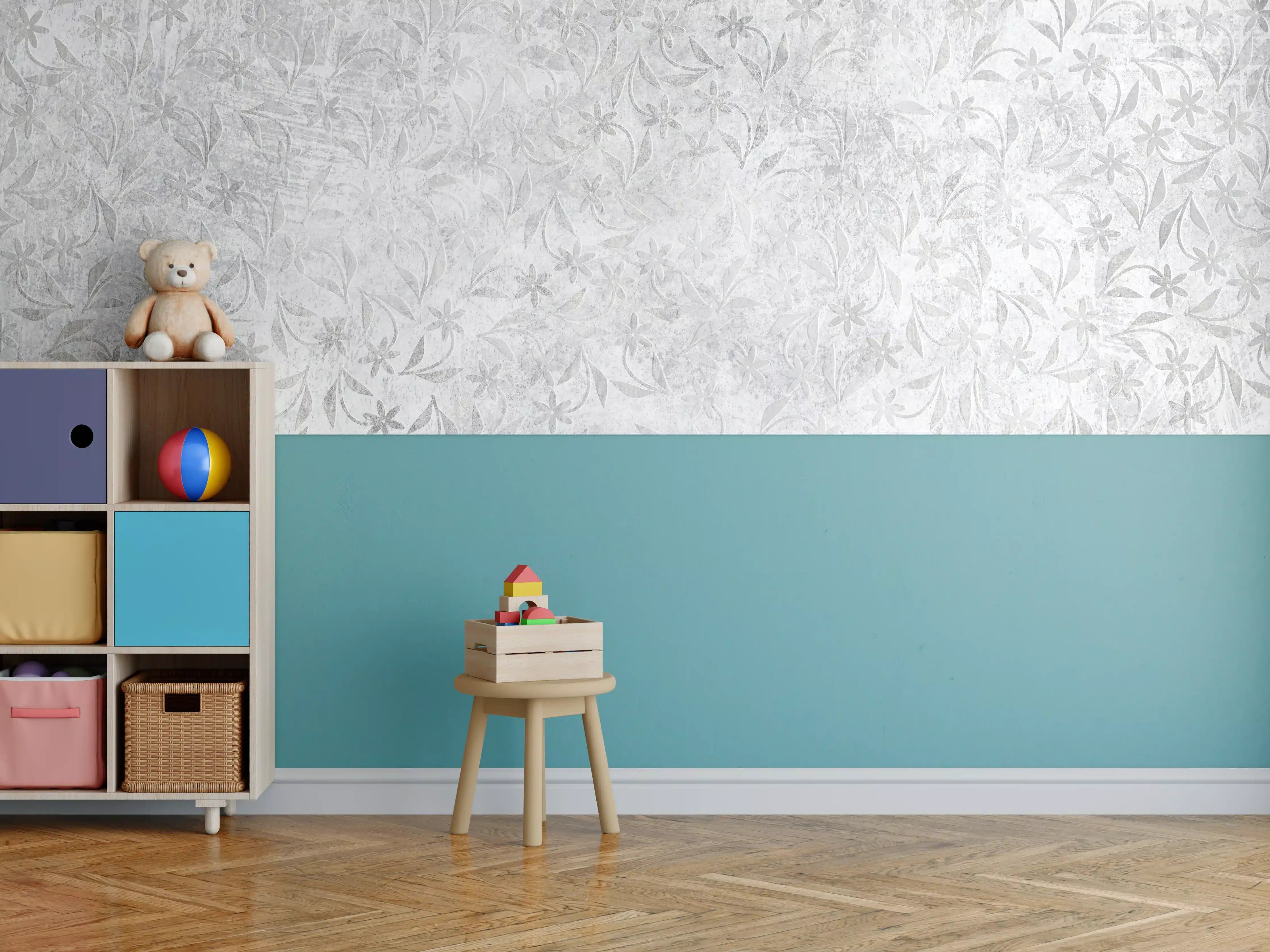 Kinderzimmer Wandgestaltung - Helles Blattmuster auf grauem Hintergrund