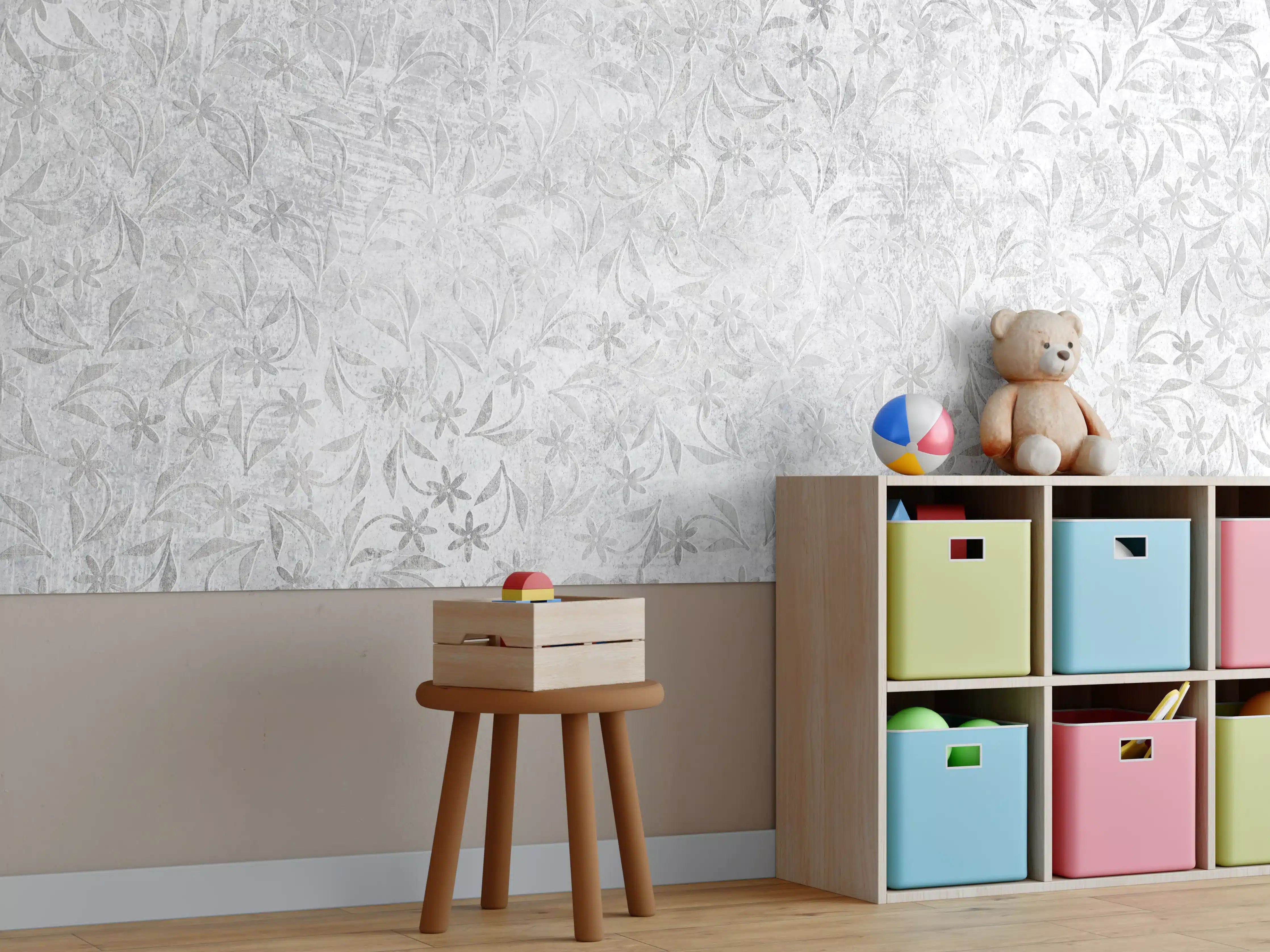 Kinderzimmer Wandgestaltung - Helles Blattmuster auf grauem Hintergrund