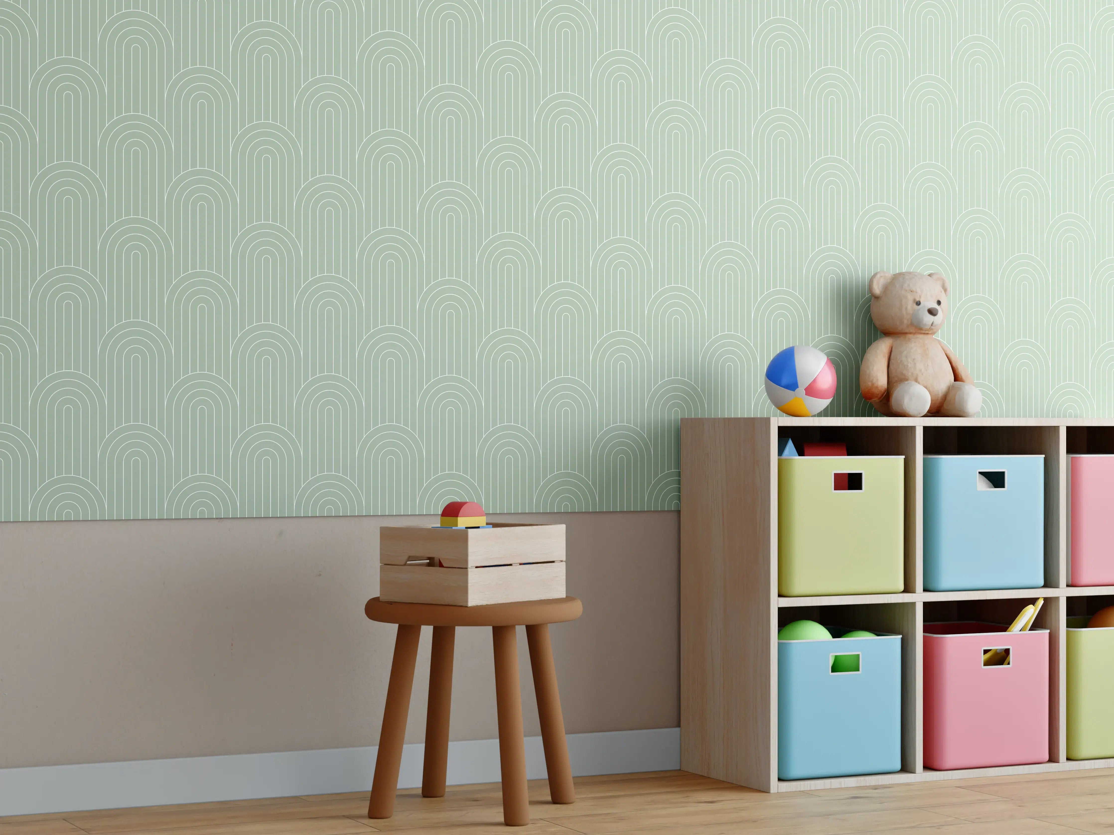 Kinderzimmer Wandgestaltung - Helles Salvia-Design mit eleganten Arcaten