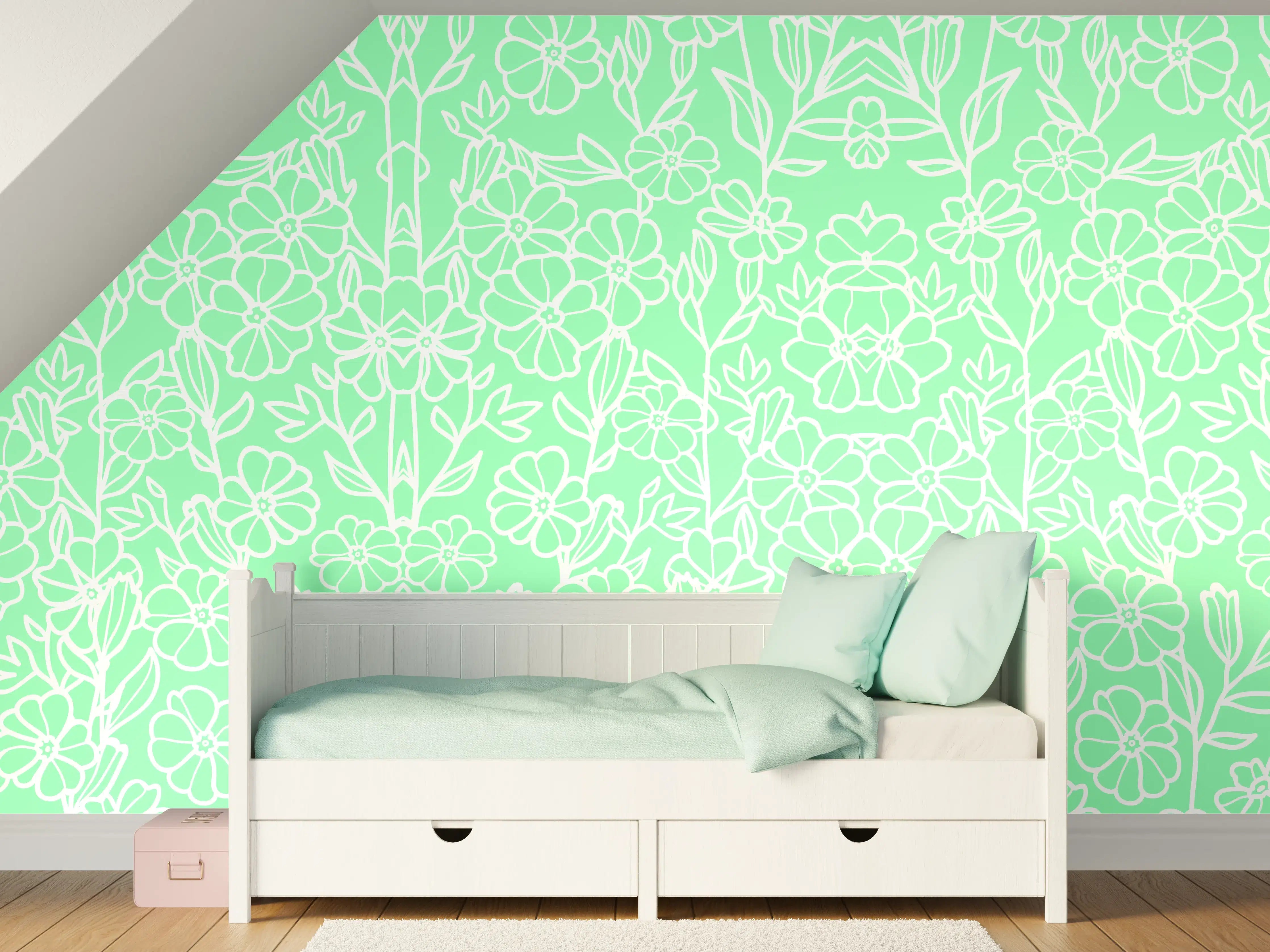 Kinderzimmer Wandgestaltung - Helles florales Muster in Mintgrün mit Weiß