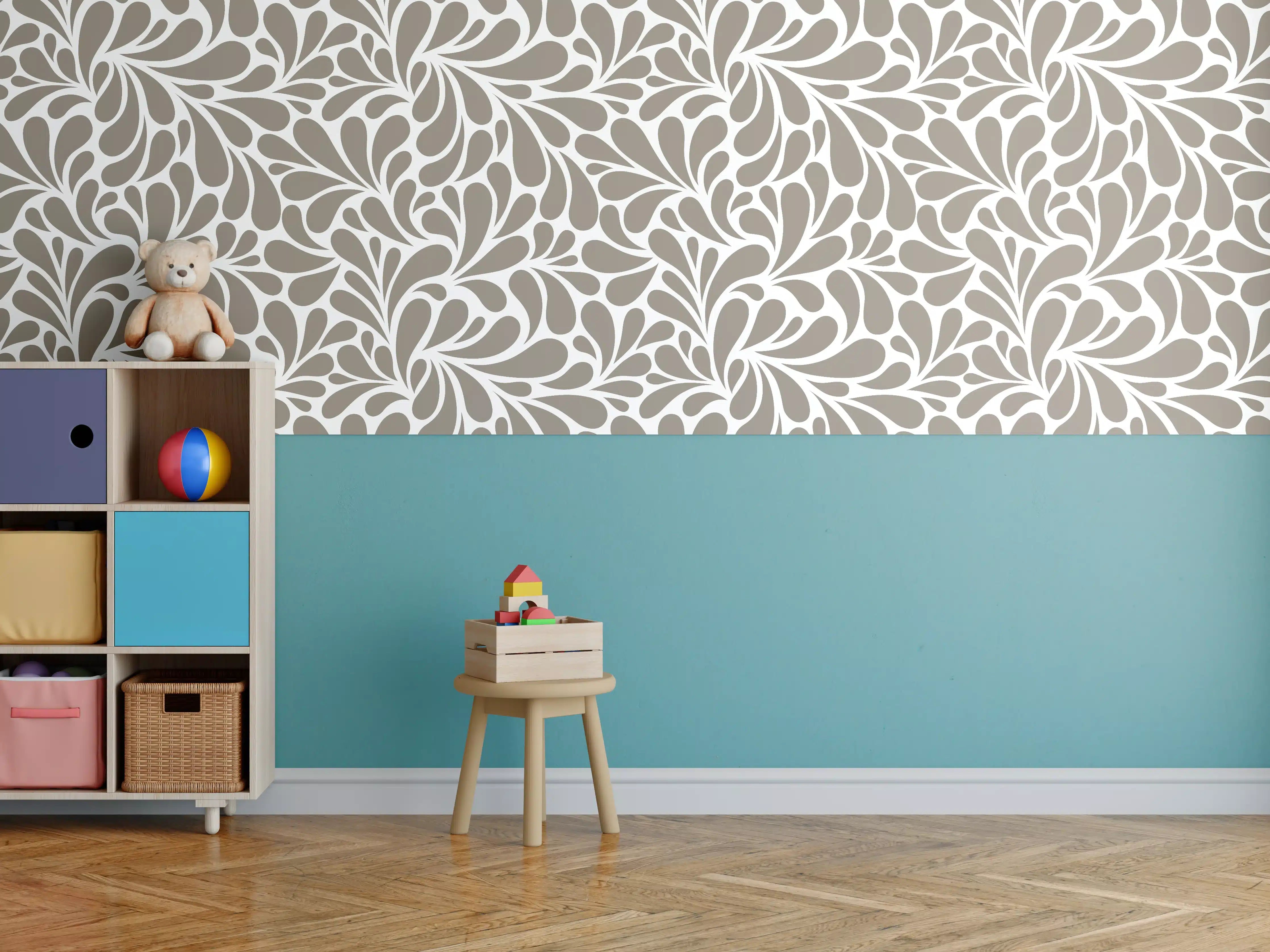 Kinderzimmer Wandgestaltung - Hellgraues Blätter-Muster