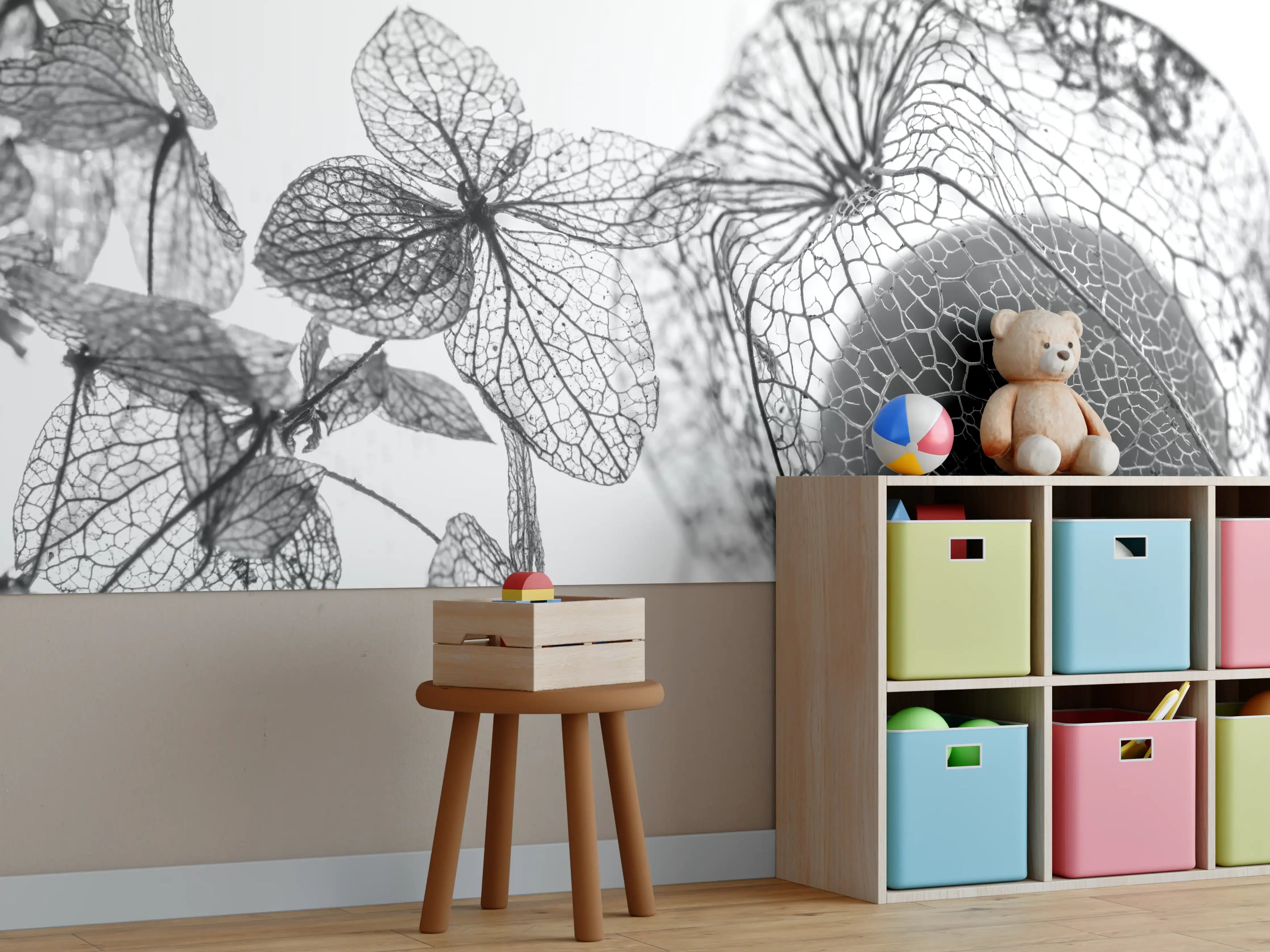 Kinderzimmer Wandgestaltung - Herbstlaub-Struktur Weiß-Grau