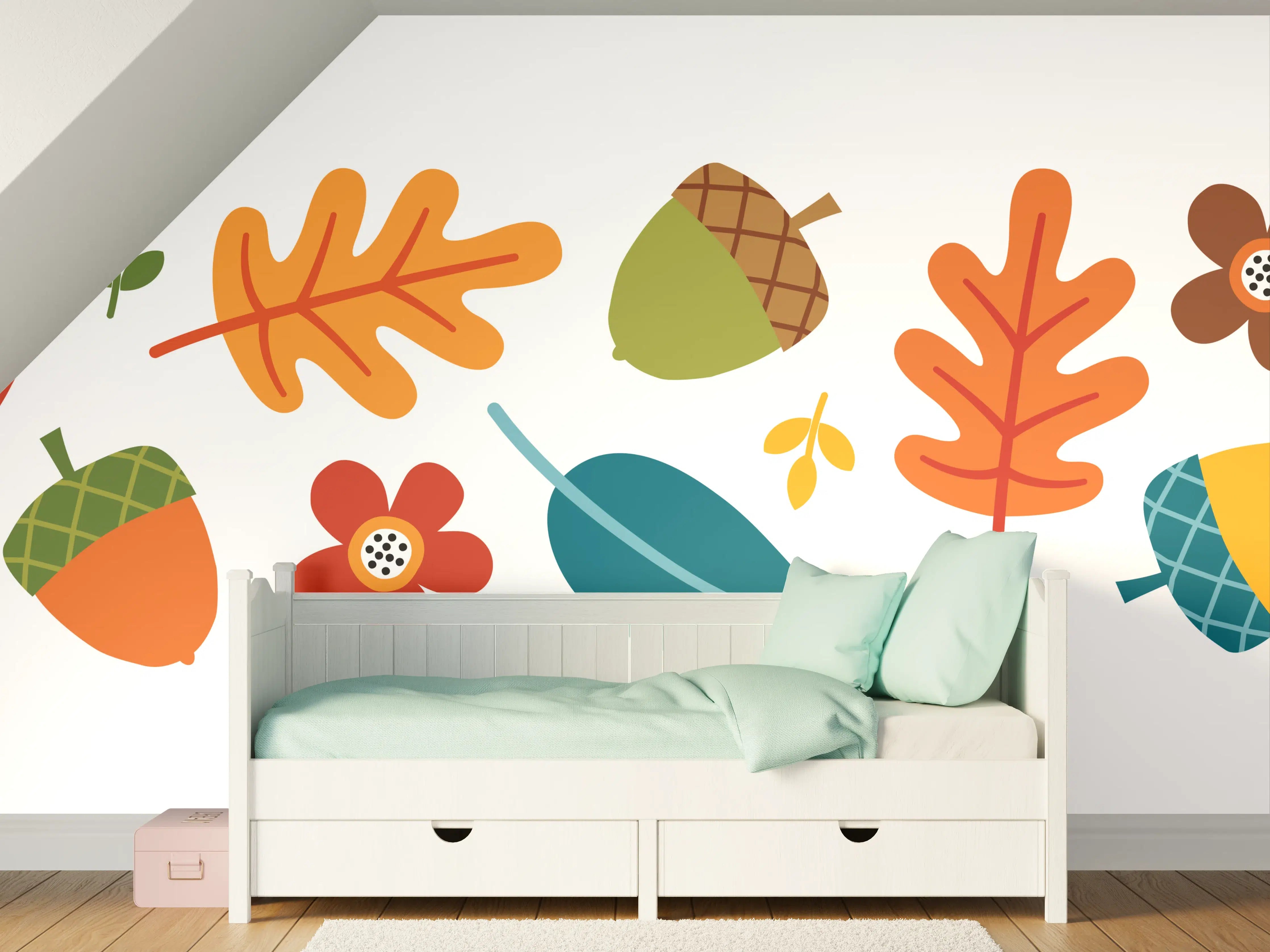 Kinderzimmer Wandgestaltung - Herbstliche Blätter und Früchte in lebendigen Farben