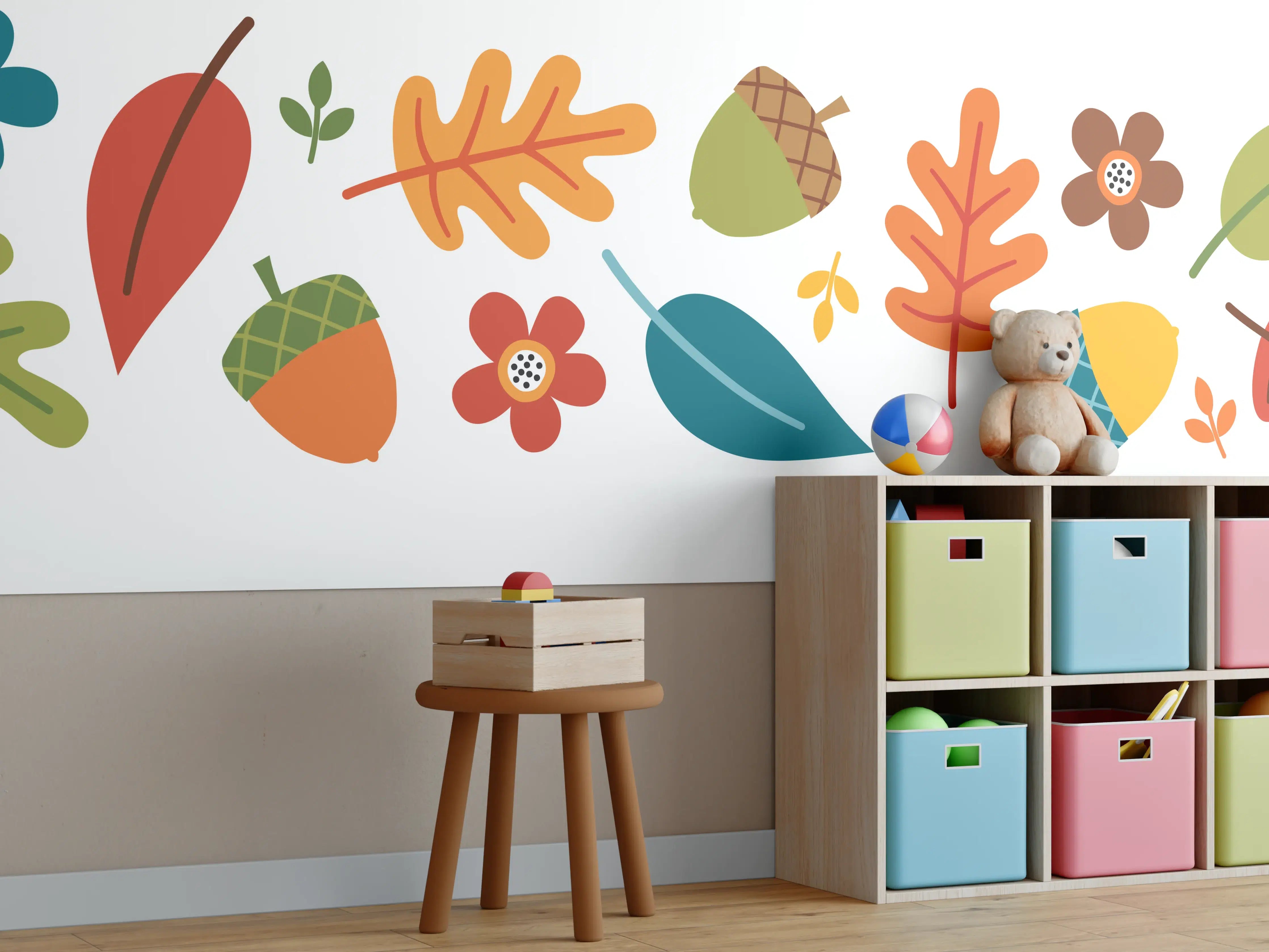Kinderzimmer Wandgestaltung - Herbstliche Blätter und Früchte in lebendigen Farben