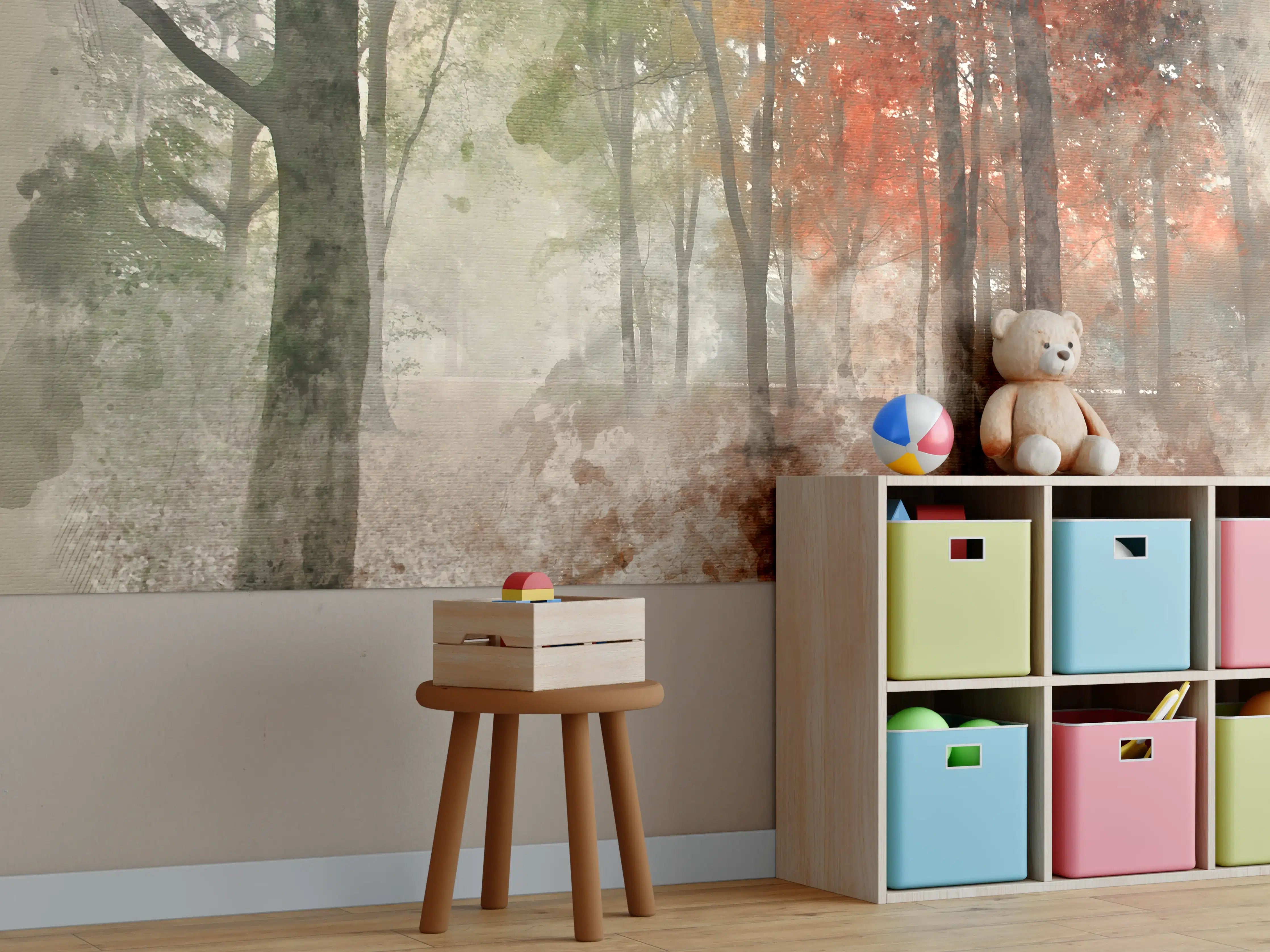 Kinderzimmer Wandgestaltung - Herbstliche Waldszene mit buntem Laub
