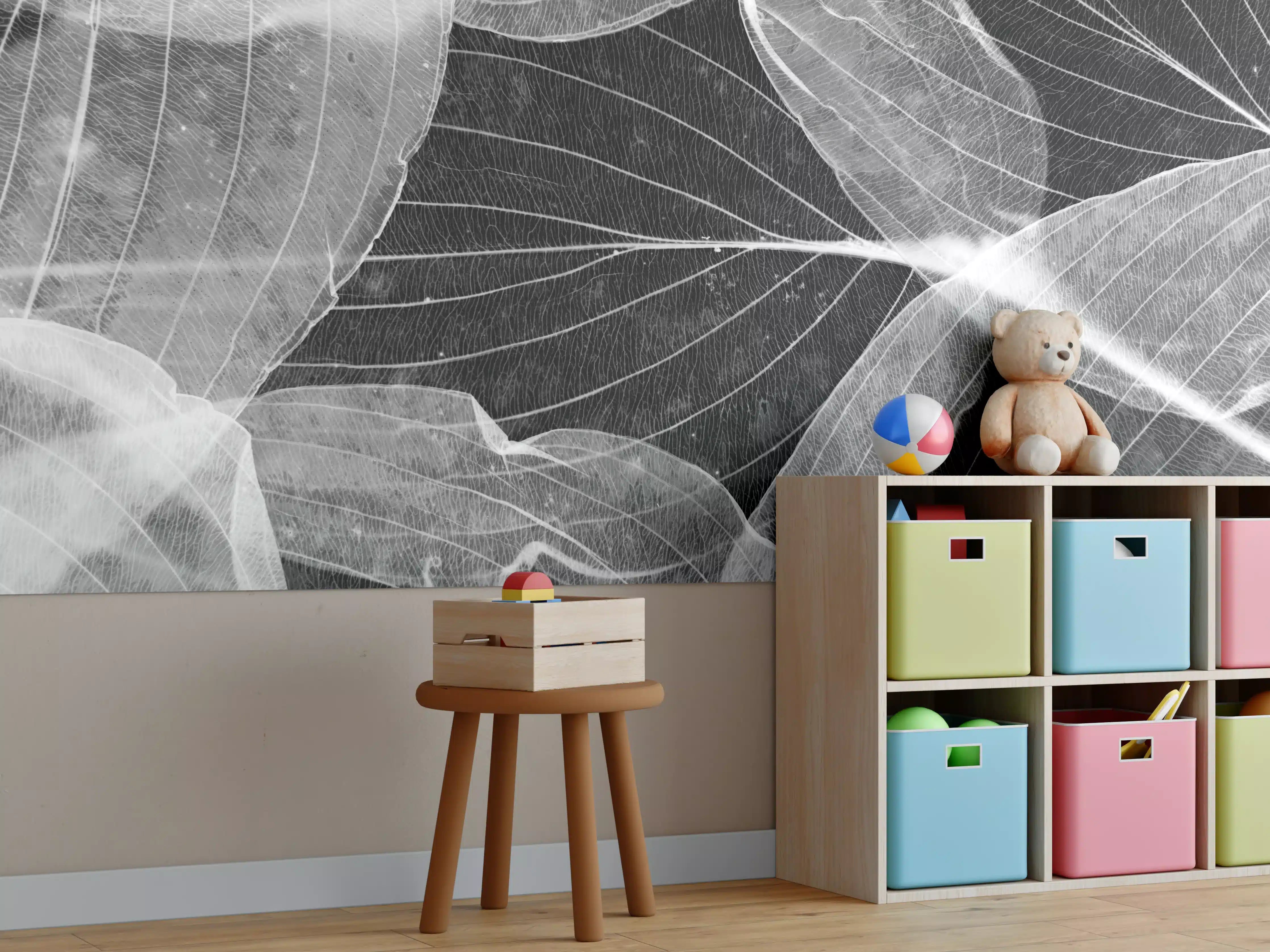 Kinderzimmer Wandgestaltung - Herbstliches Blatt Schwarz-Weiß Makro