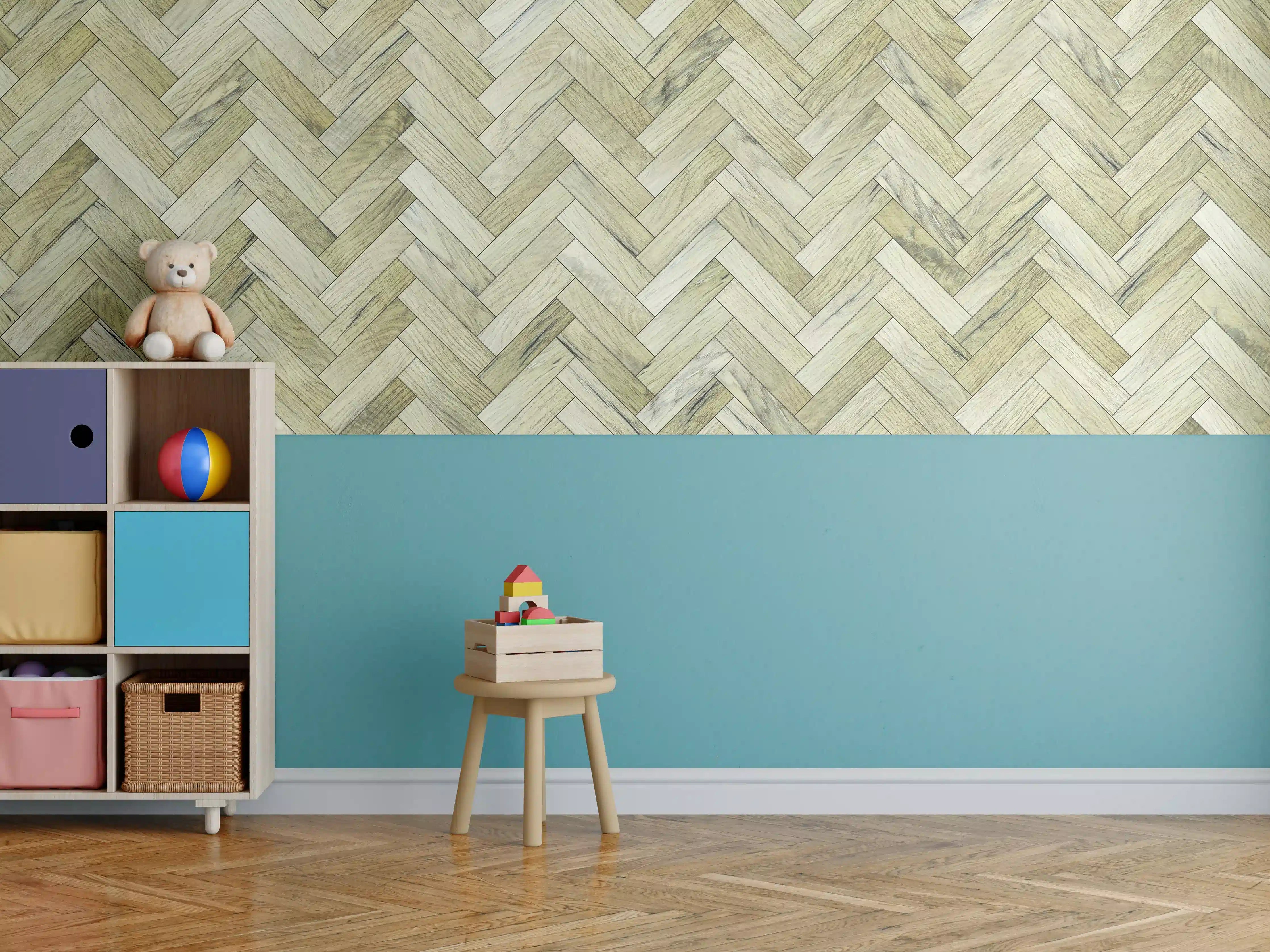 Kinderzimmer Wandgestaltung - Herringbone Parkett in Naturholzoptik