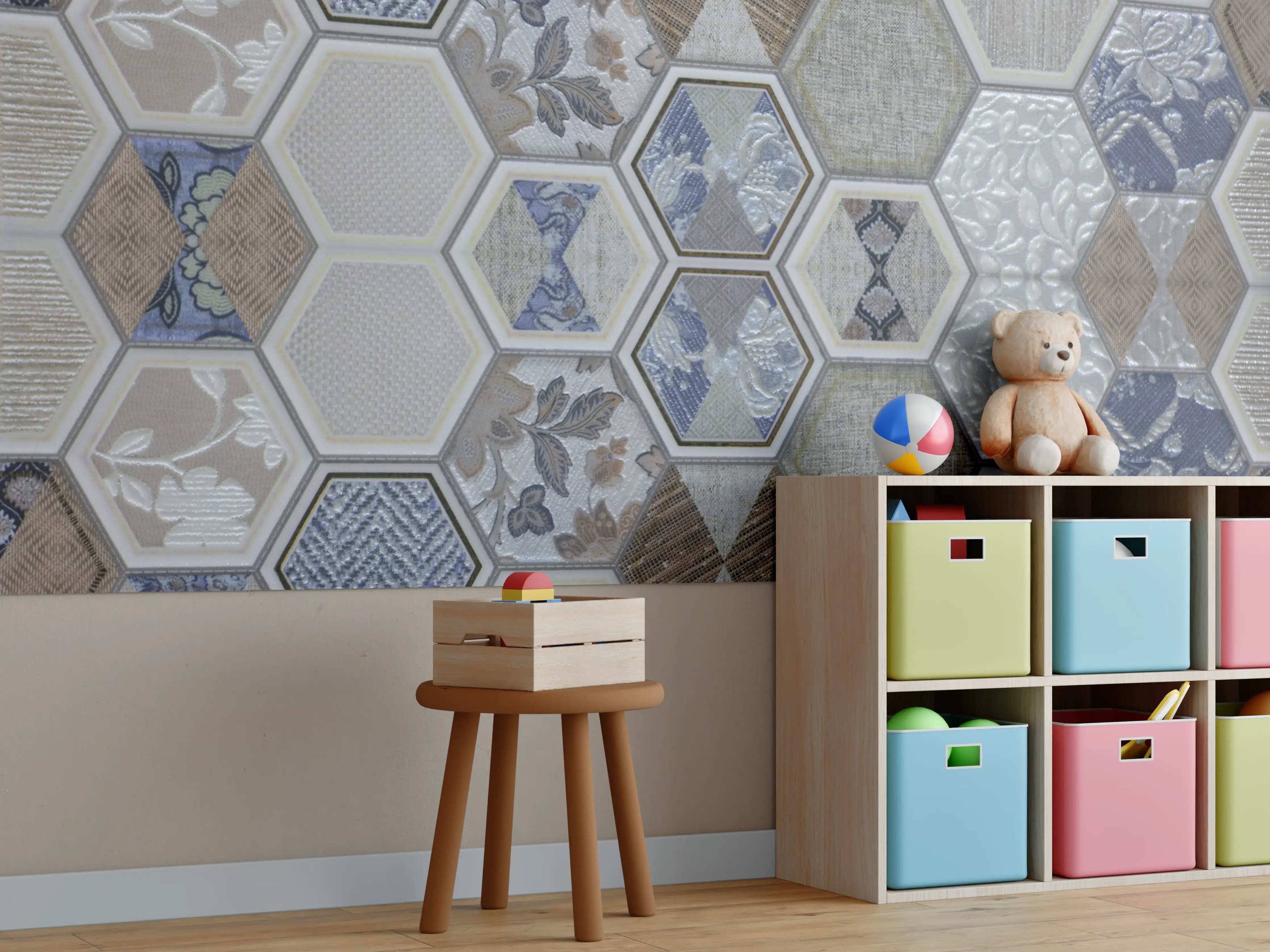 Kinderzimmer Wandgestaltung - Hexagon Fliesenmuster Bunt
