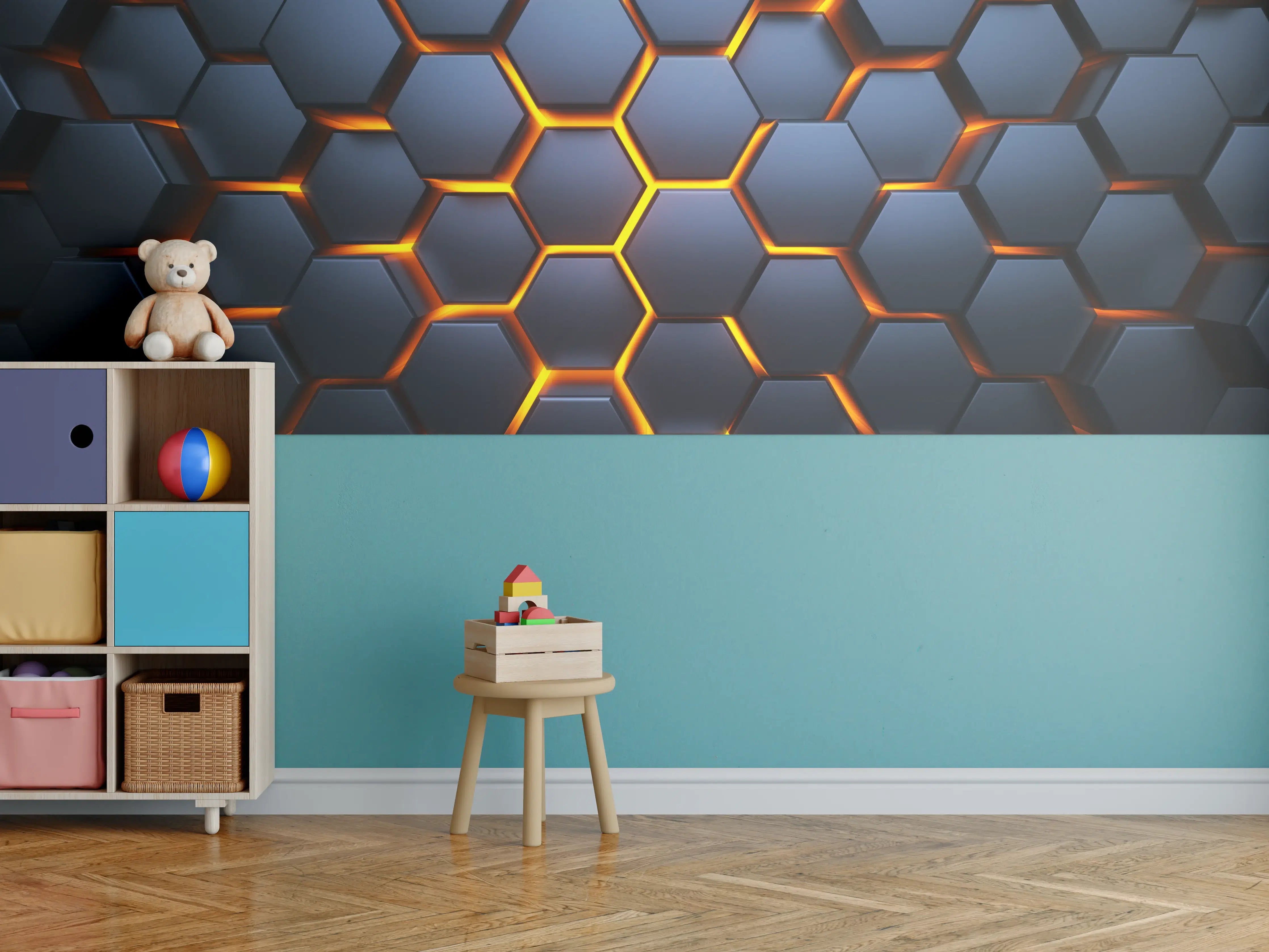 Kinderzimmer Wandgestaltung - Hexagon-Muster in Blau-Orange