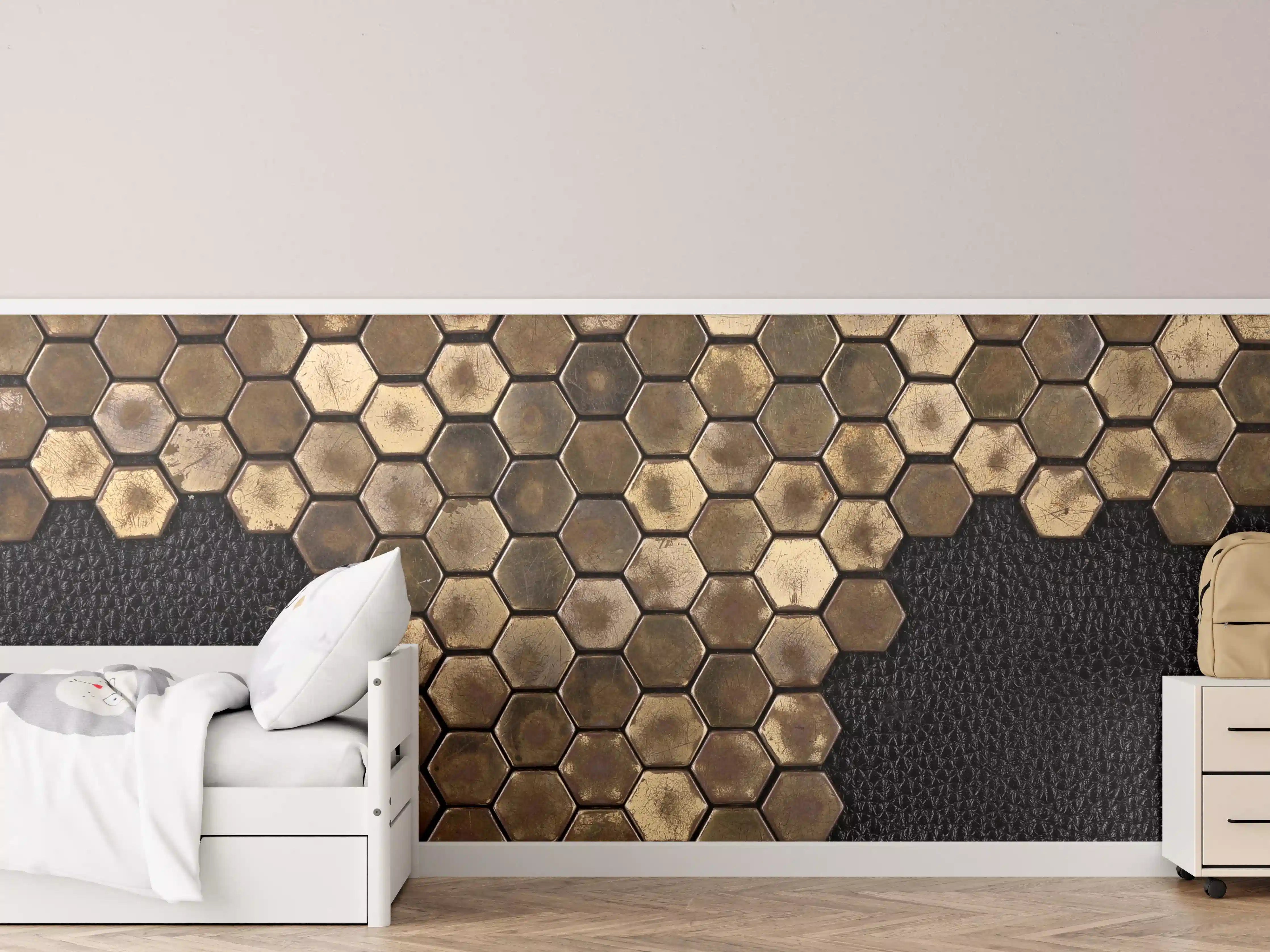 Kinderzimmer Wandgestaltung - Hexagonale Holzmuster in Naturtönen