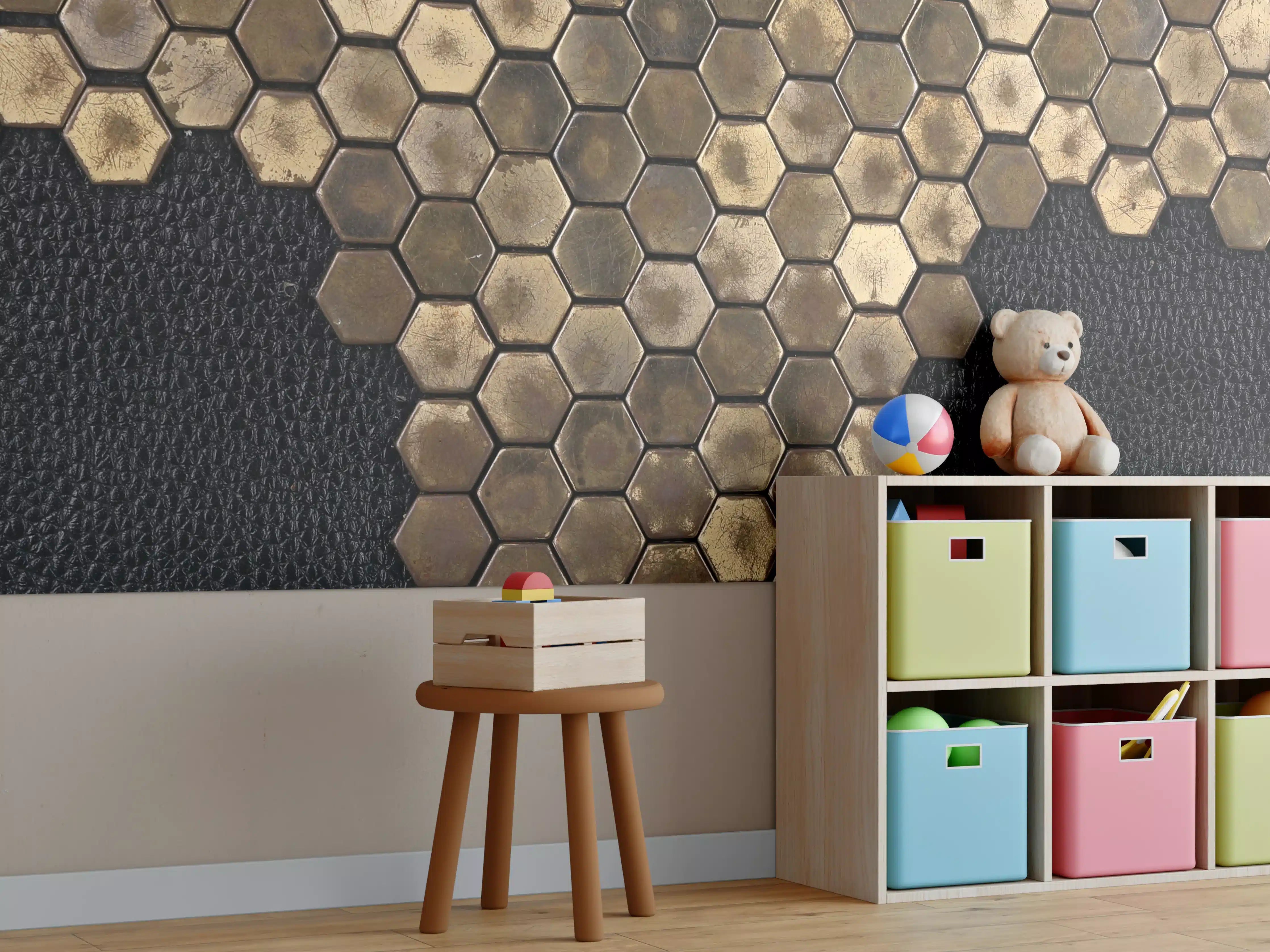 Kinderzimmer Wandgestaltung - Hexagonale Holzmuster in Naturtönen