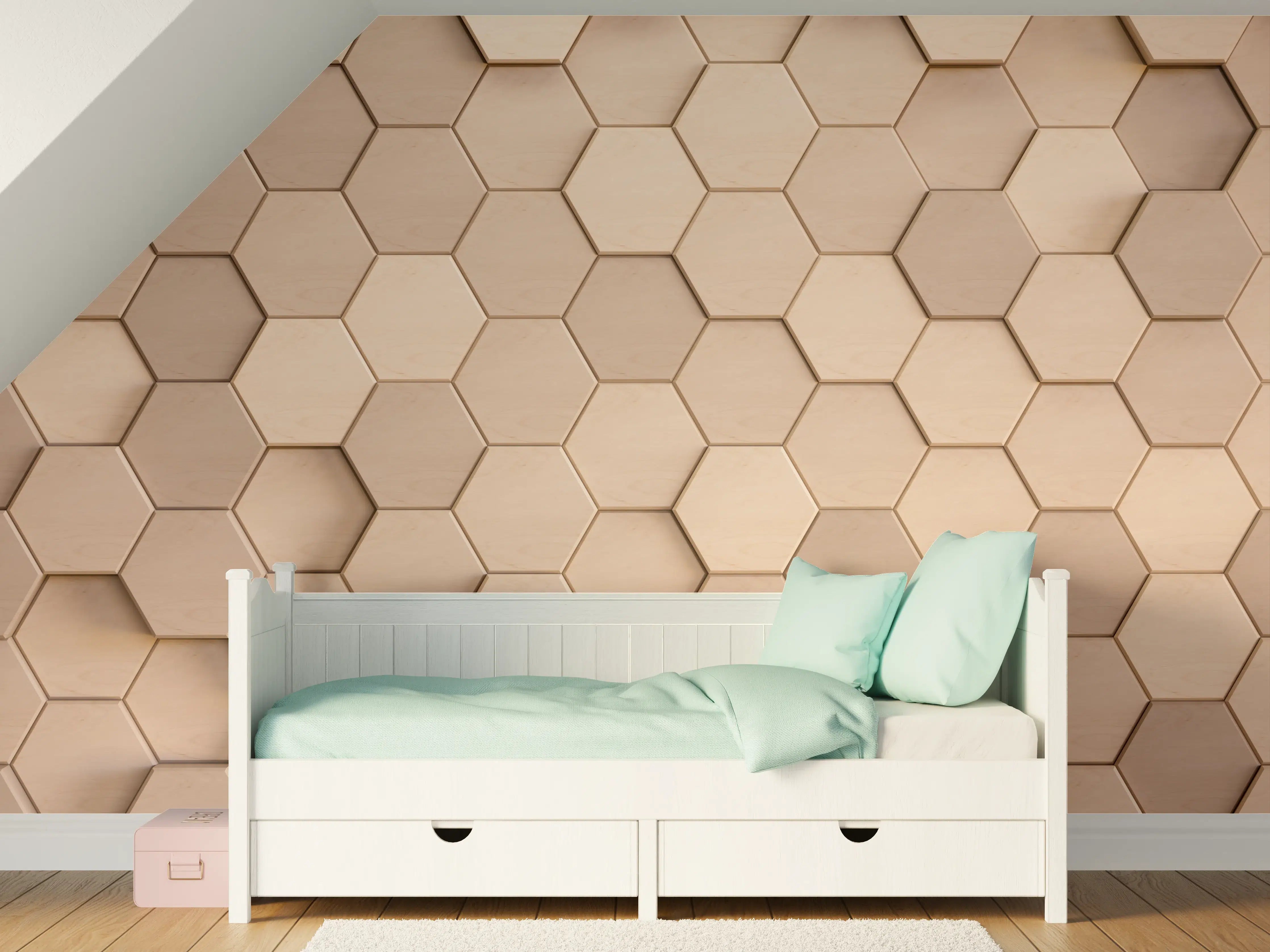 Kinderzimmer Wandgestaltung - Hexagonale Holzstruktur in Beige