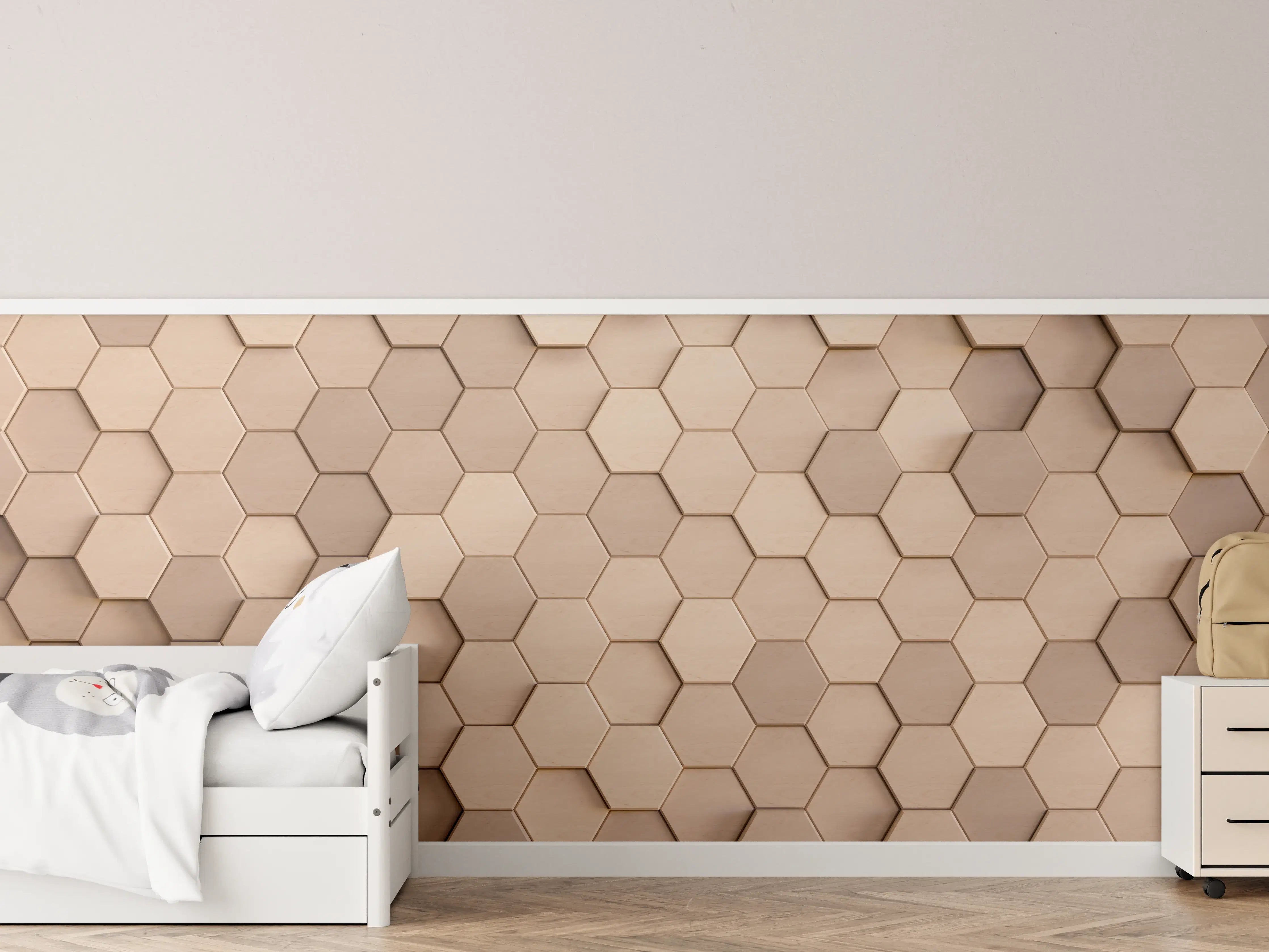 Kinderzimmer Wandgestaltung - Hexagonale Holzstruktur in Beige