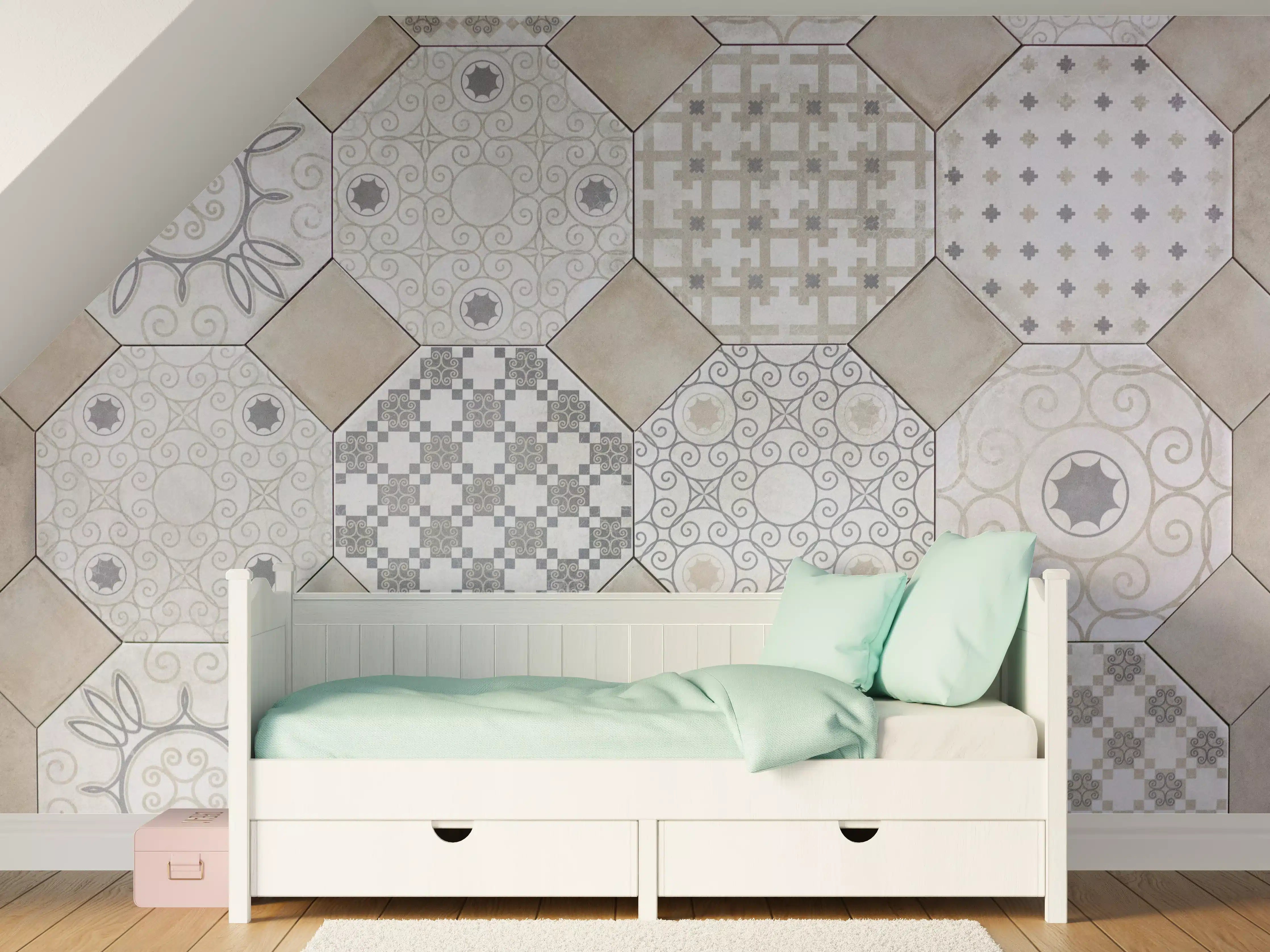 Kinderzimmer Wandgestaltung - Hexagonale Weiß-Grau Fliesenmuster
