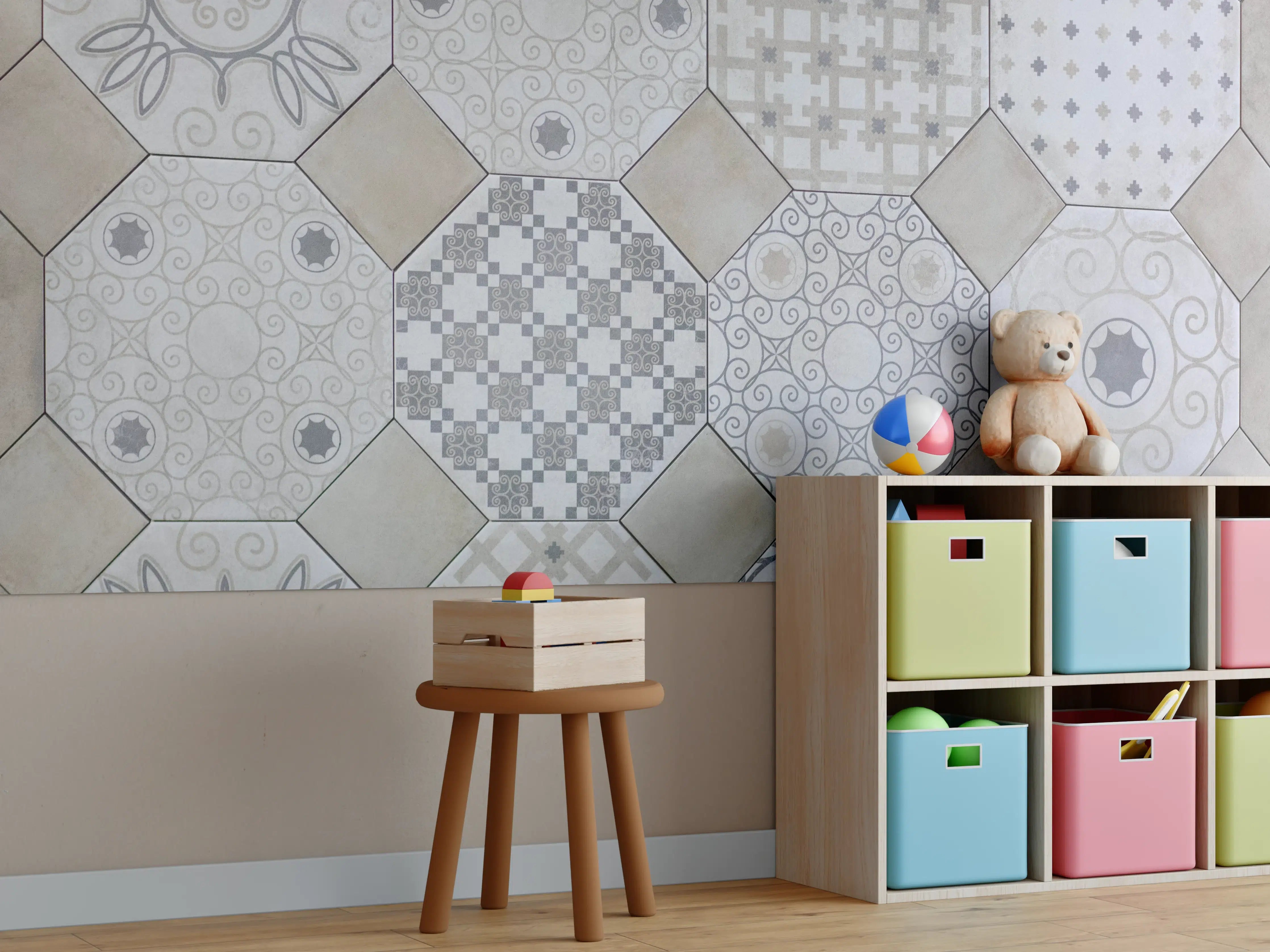 Kinderzimmer Wandgestaltung - Hexagonale Weiß-Grau Fliesenmuster