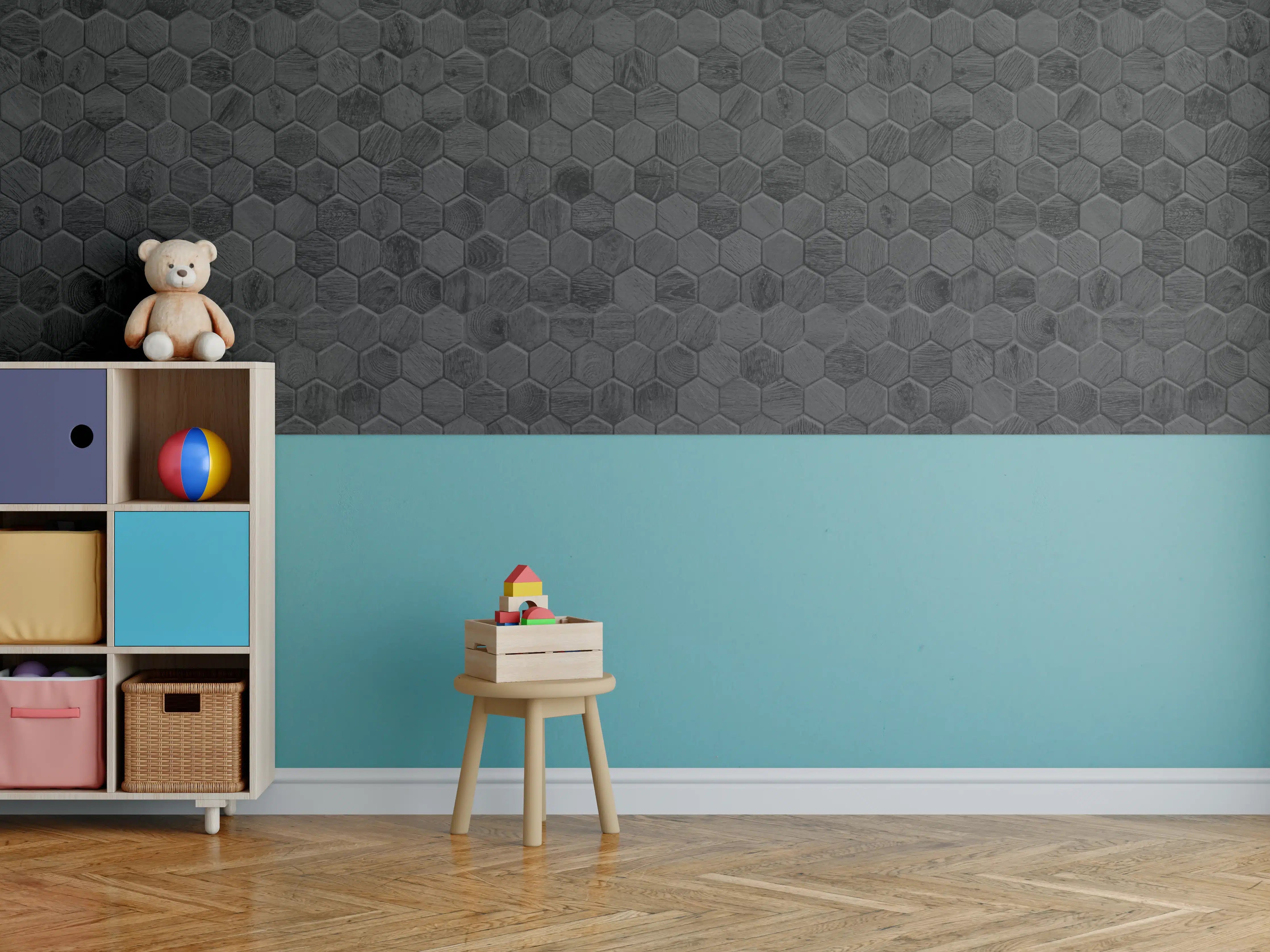 Kinderzimmer Wandgestaltung - Hexagonales Holz Wabenmuster