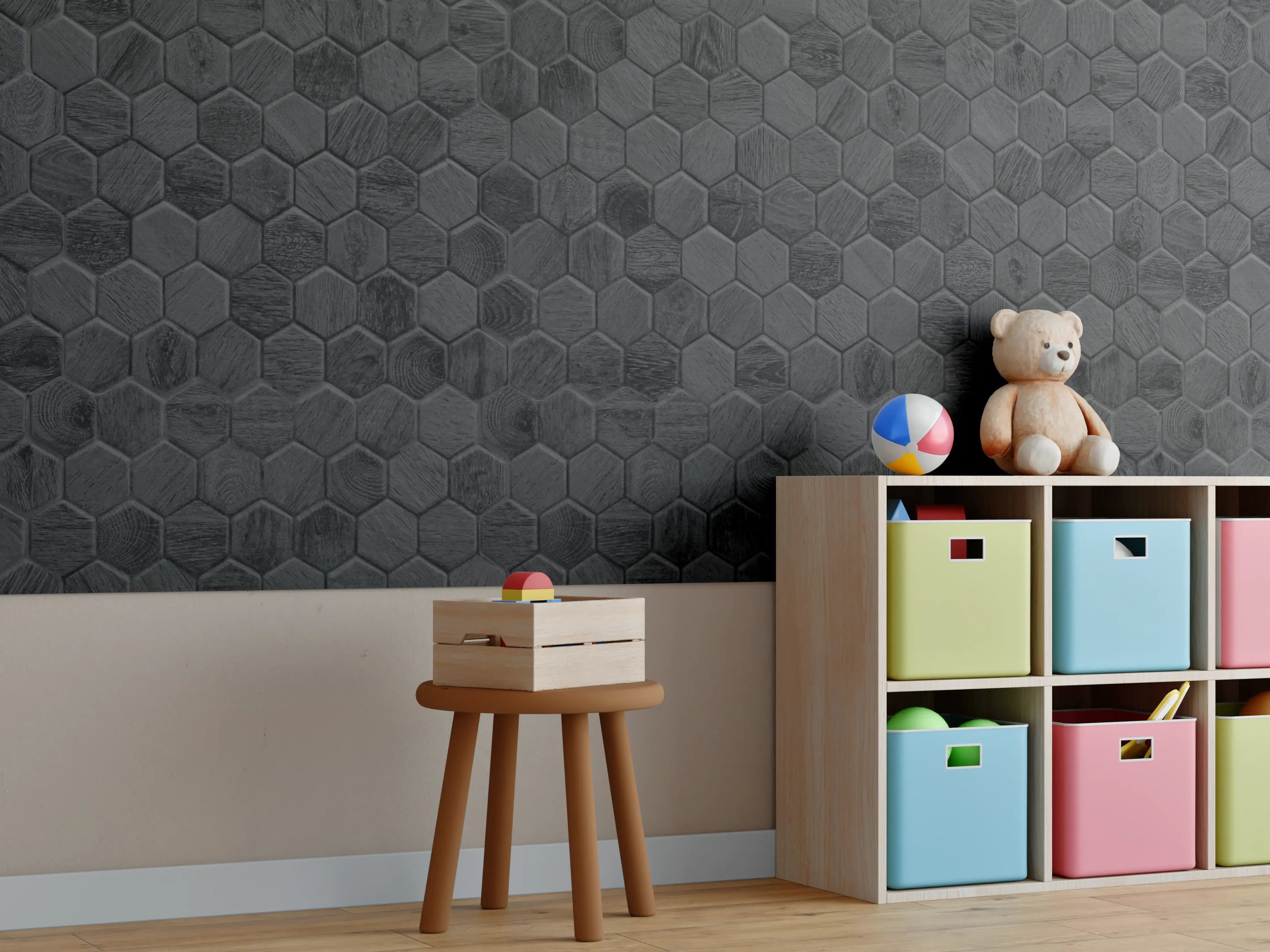 Kinderzimmer Wandgestaltung - Hexagonales Holz Wabenmuster