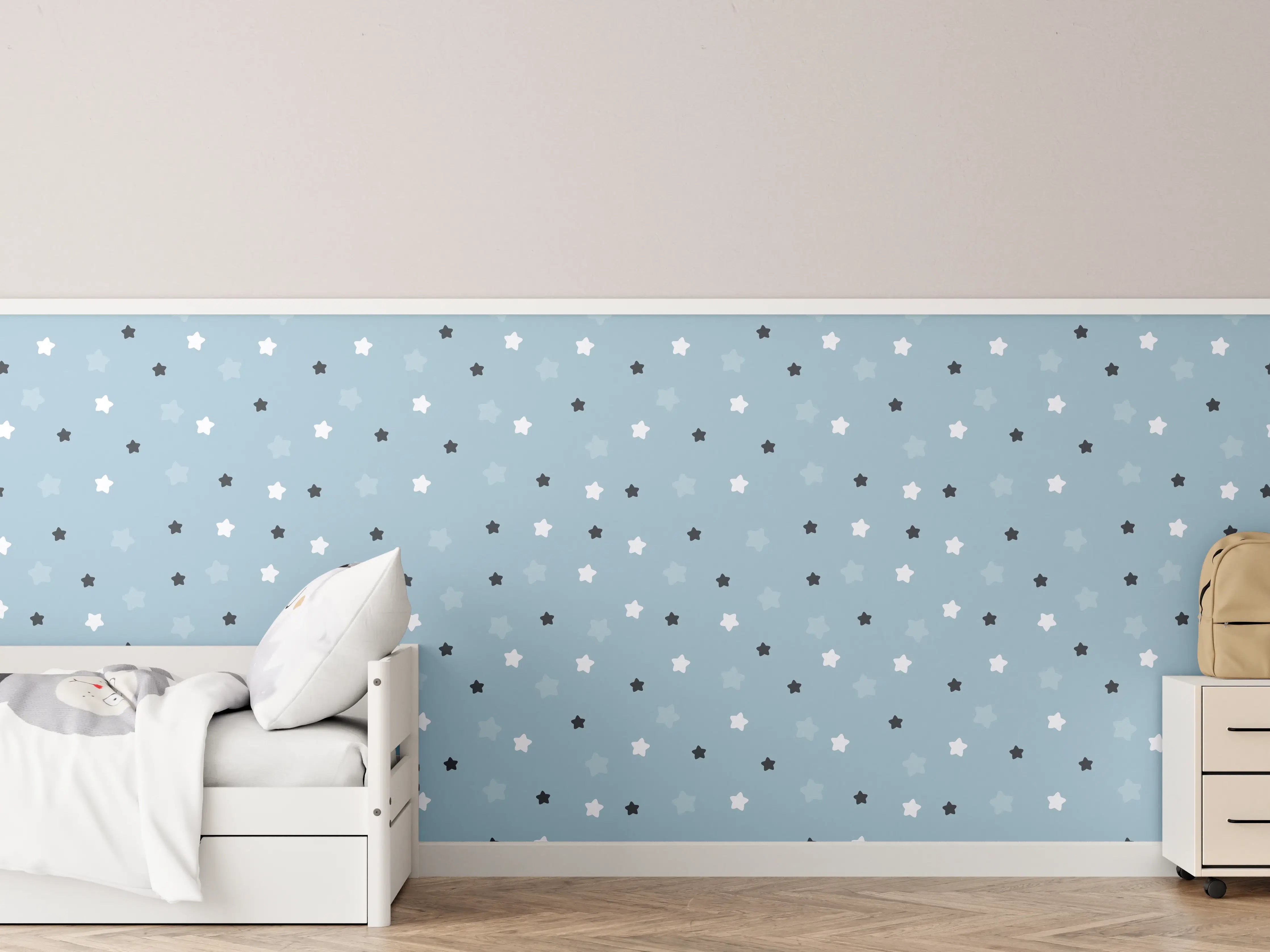 Kinderzimmer Wandgestaltung - Himmel mit Sternen auf hellblauem Hintergrund