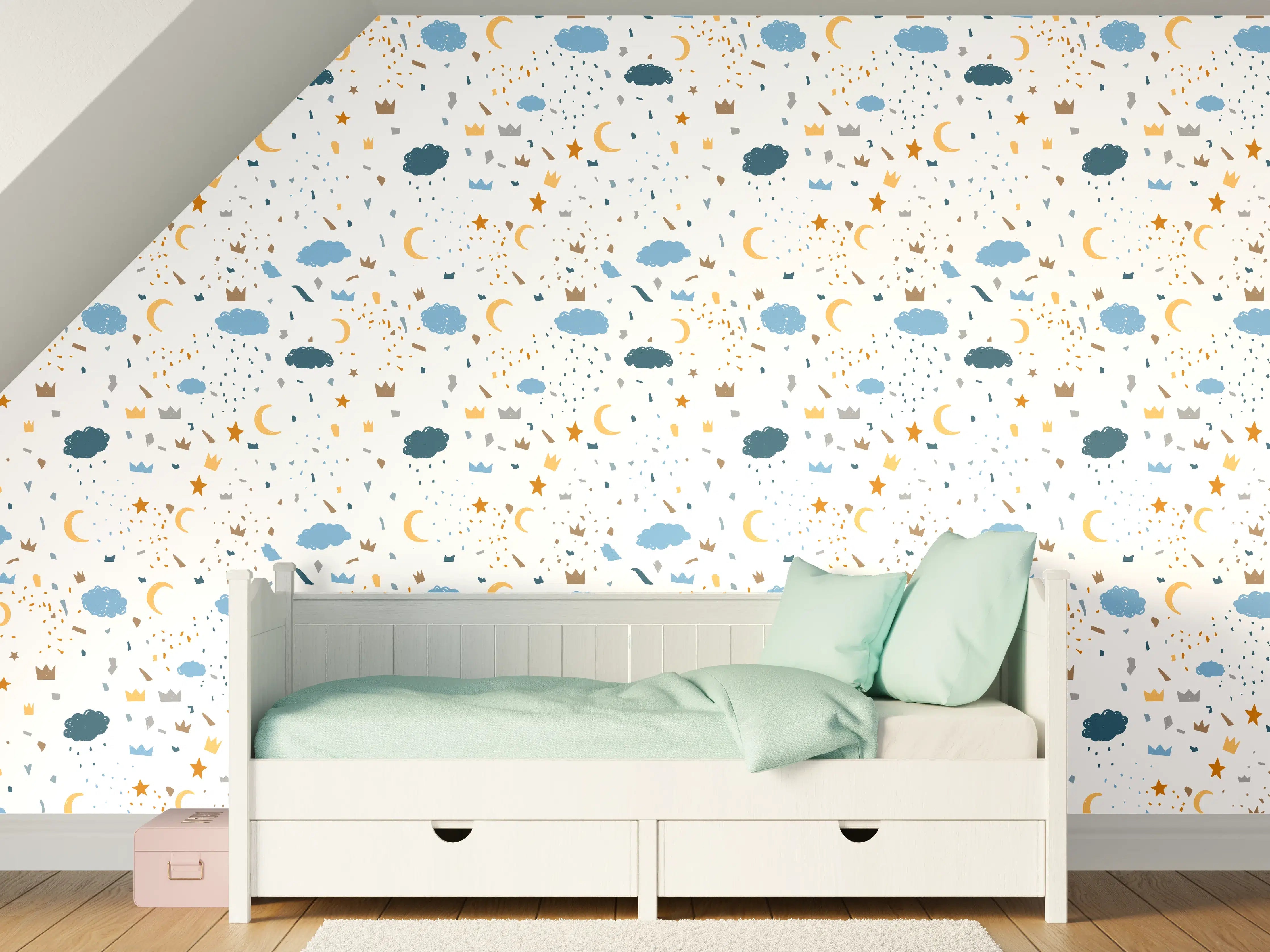 Kinderzimmer Wandgestaltung - Himmel mit Wolken und Sternen in sanften Blau- und Grautönen