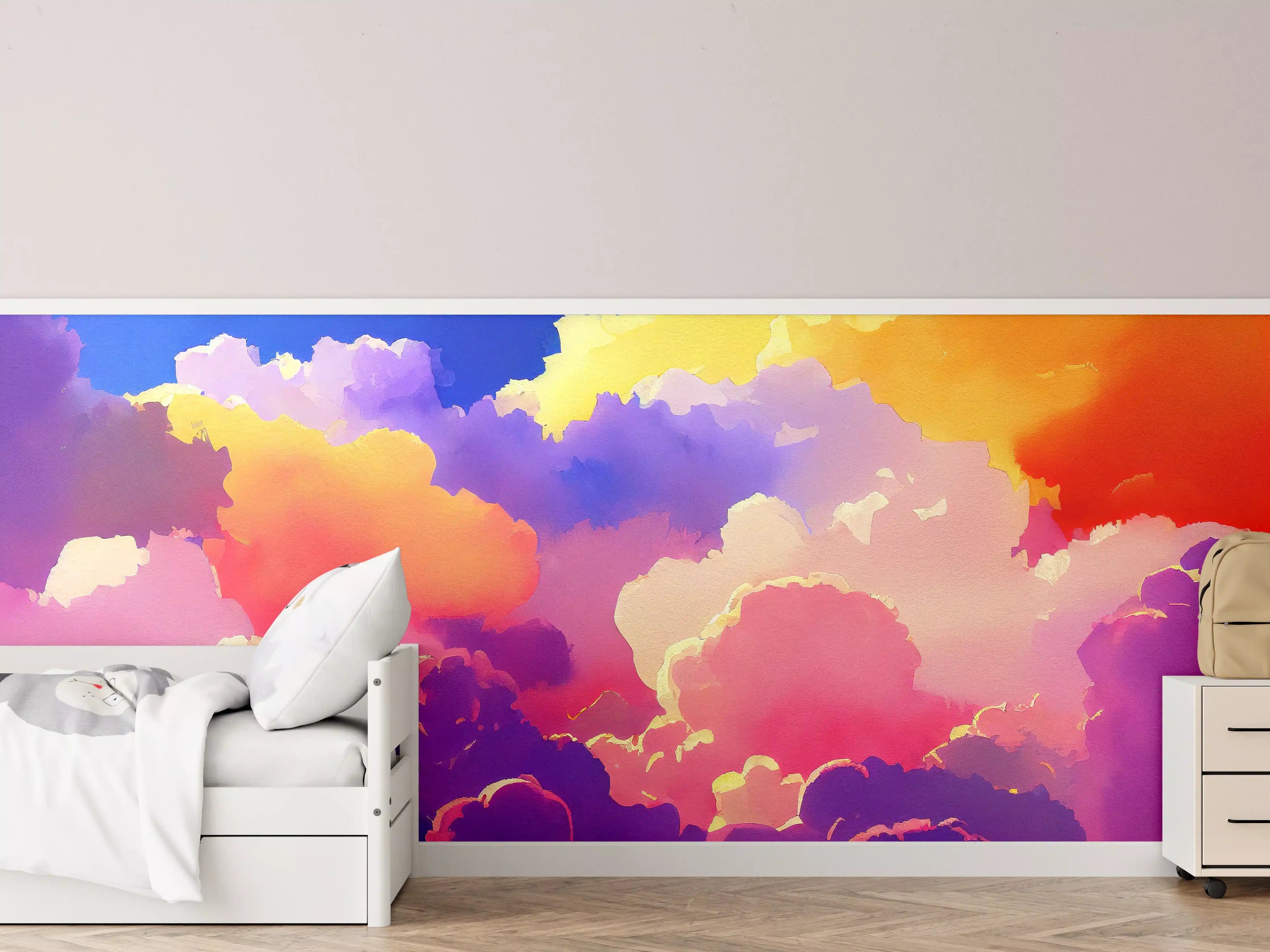 Kinderzimmer Wandgestaltung - Himmel mit Wolken. Aquarell Illustration von farbigen Wolken.