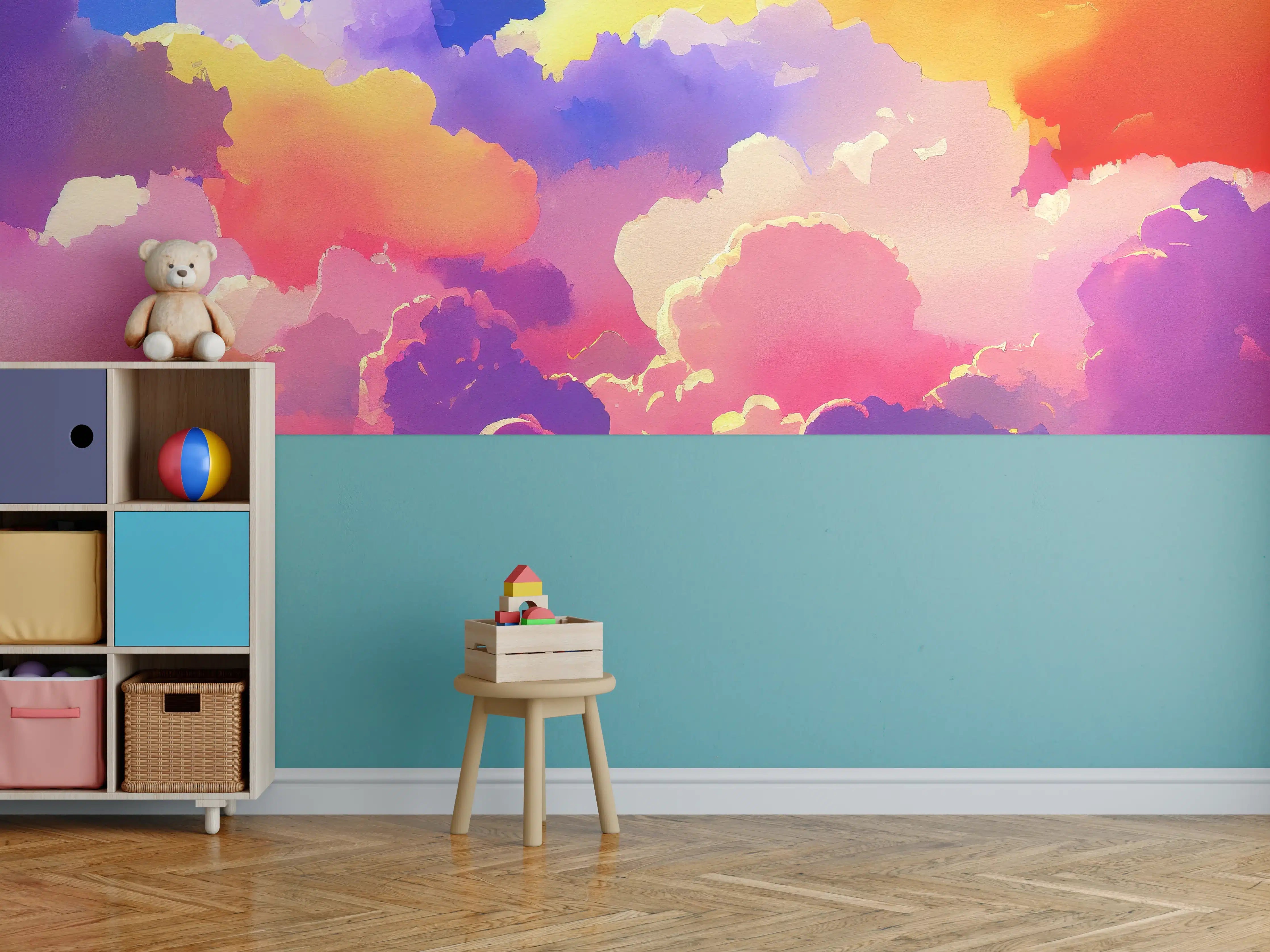 Kinderzimmer Wandgestaltung - Himmel mit Wolken. Aquarell Illustration von farbigen Wolken.