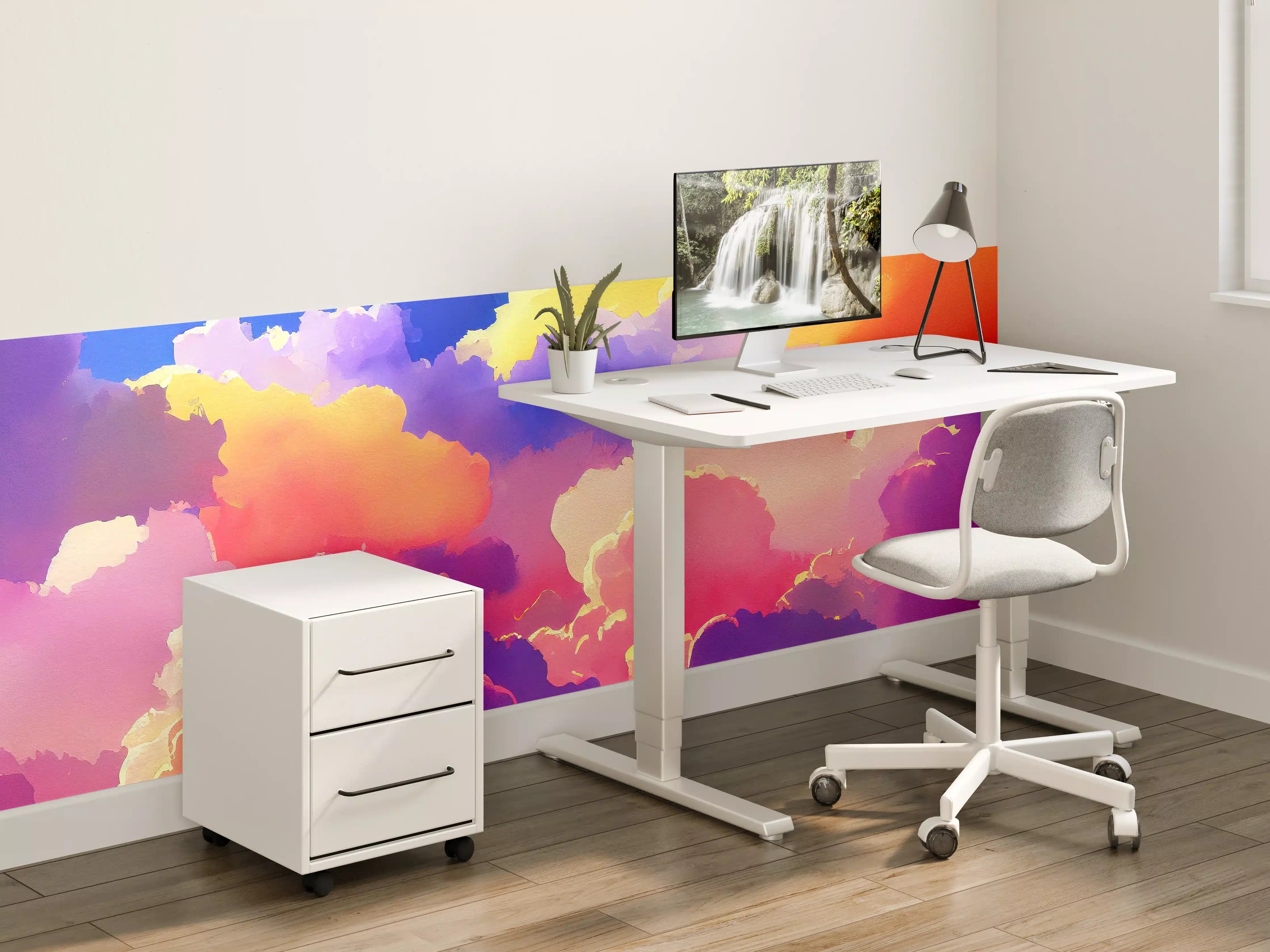 Kinderzimmer Wandgestaltung - Himmel mit Wolken. Aquarell Illustration von farbigen Wolken.