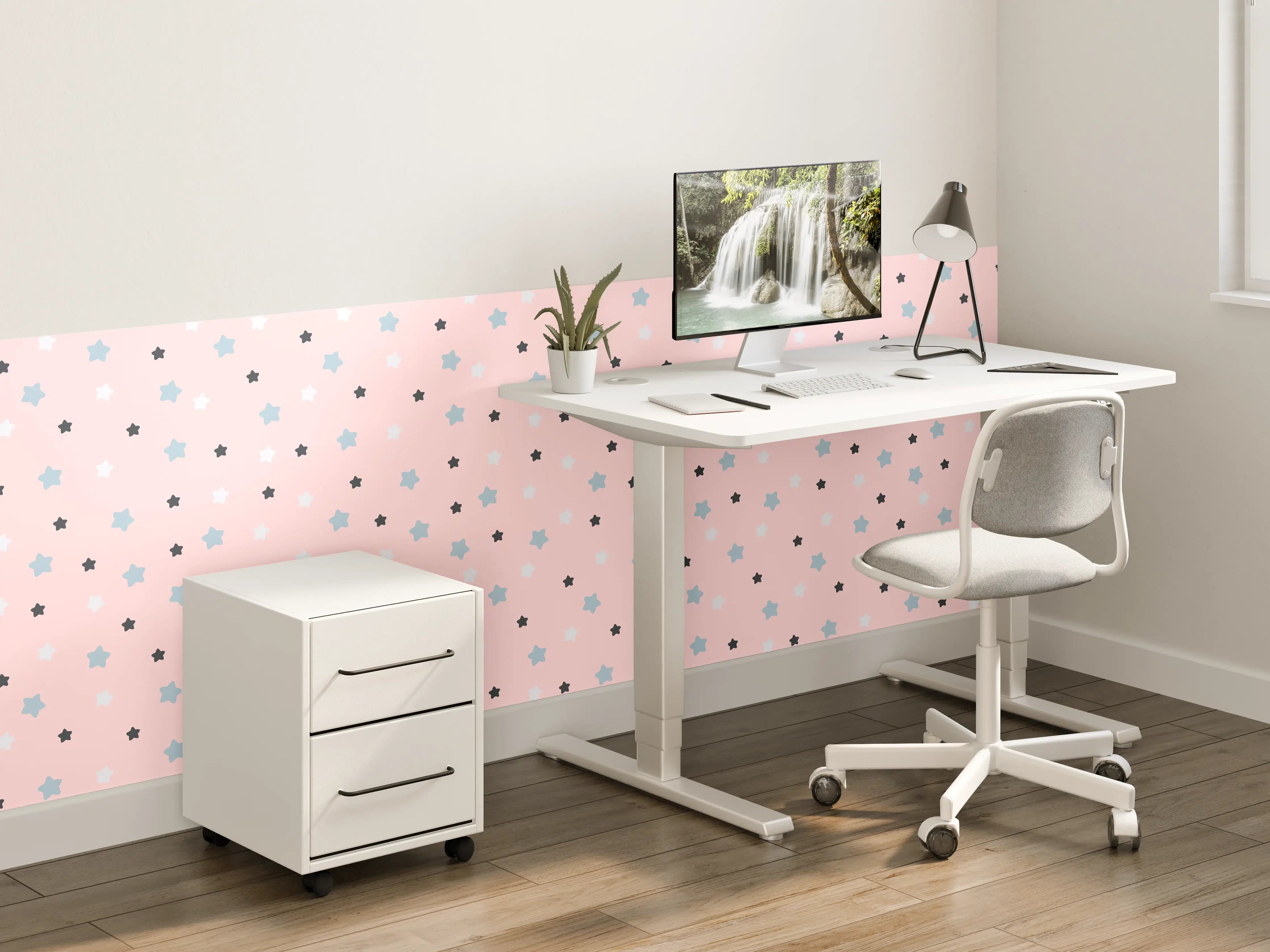 Kinderzimmer Wandgestaltung - Himmel mit bunten Sternen auf pinkem Hintergrund