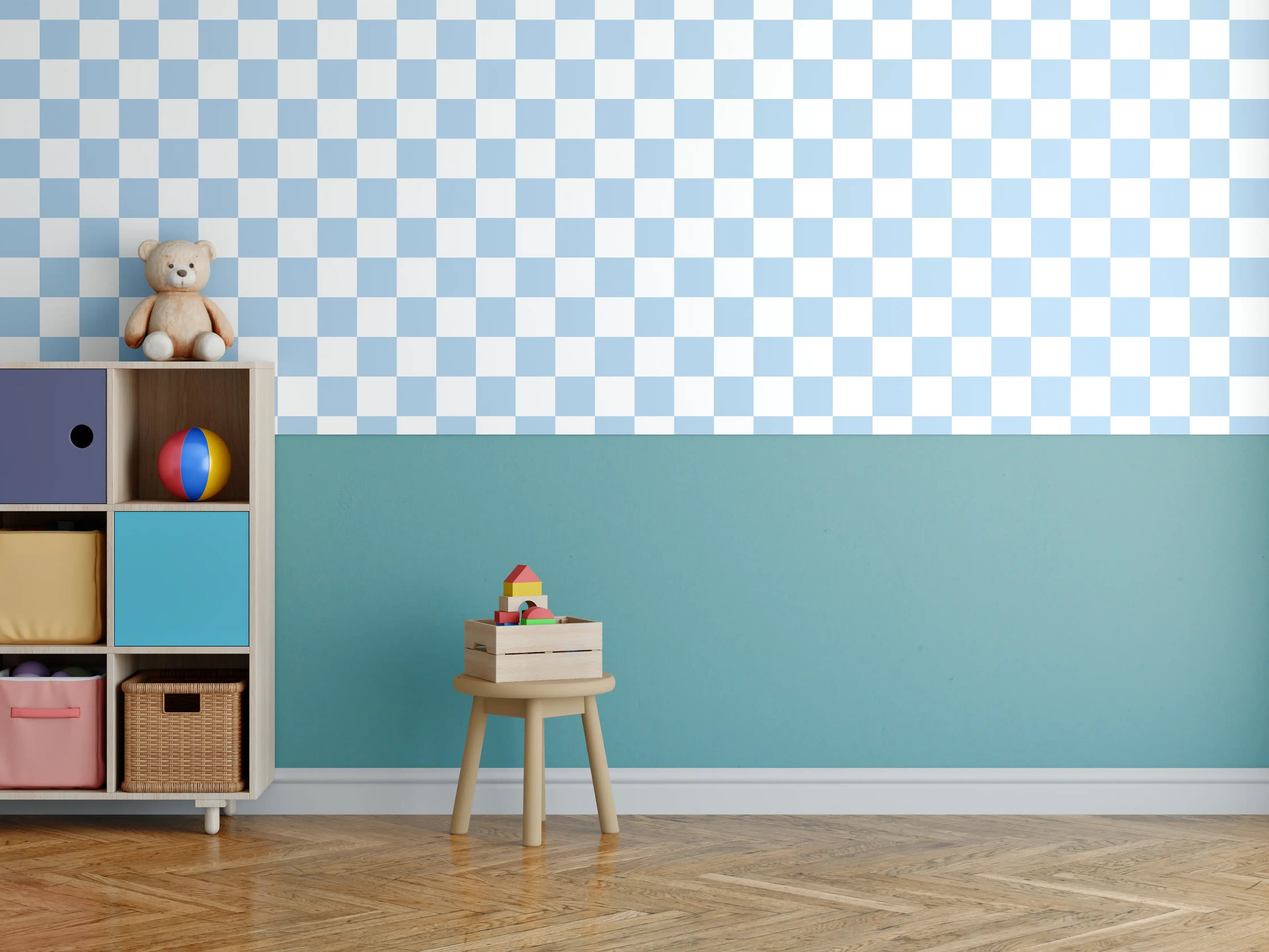 Kinderzimmer Wandgestaltung - Himmelblau-Graue Fliesen