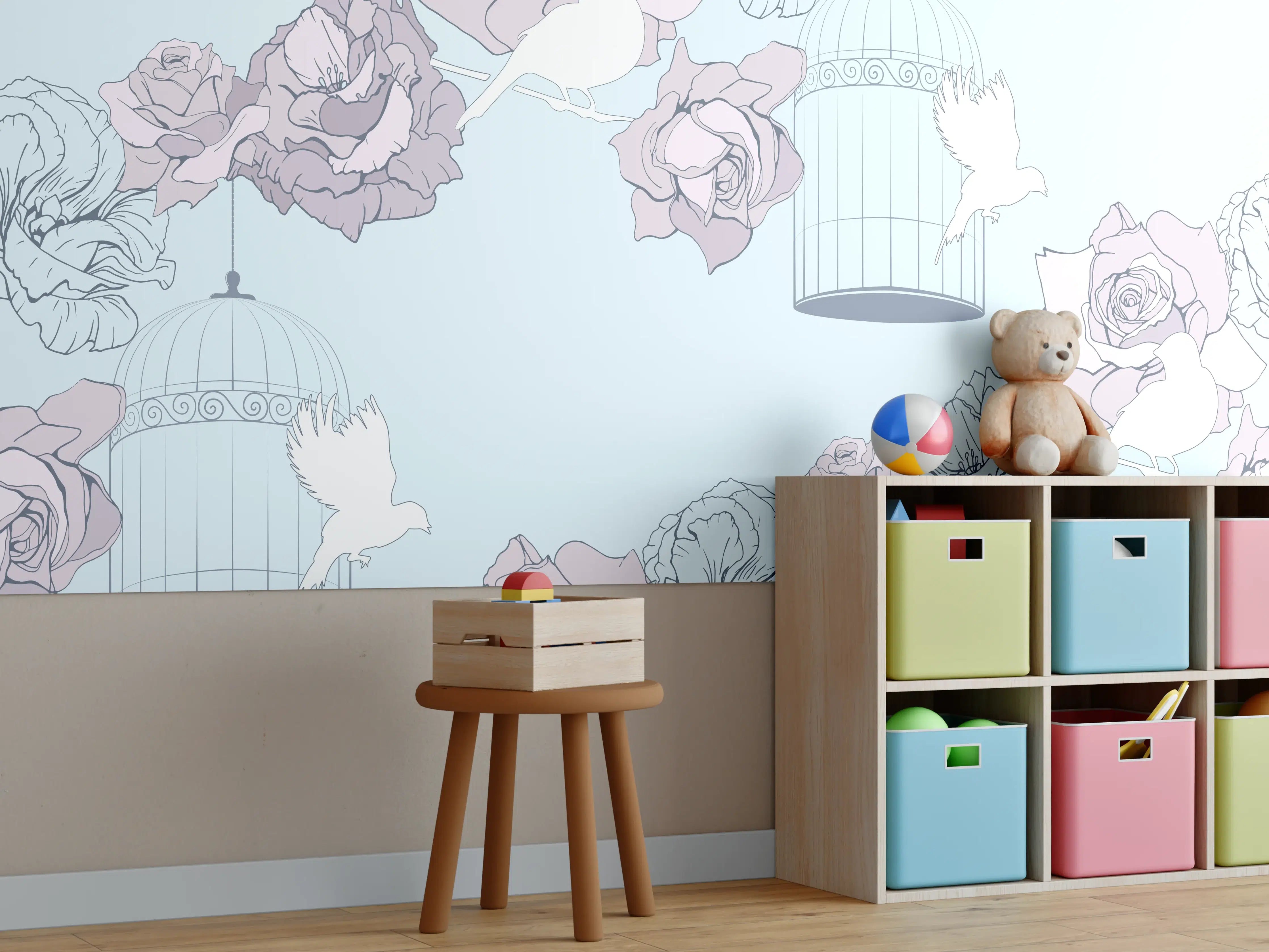 Kinderzimmer Wandgestaltung - Himmlische Rosen und Hummeln in Pastell