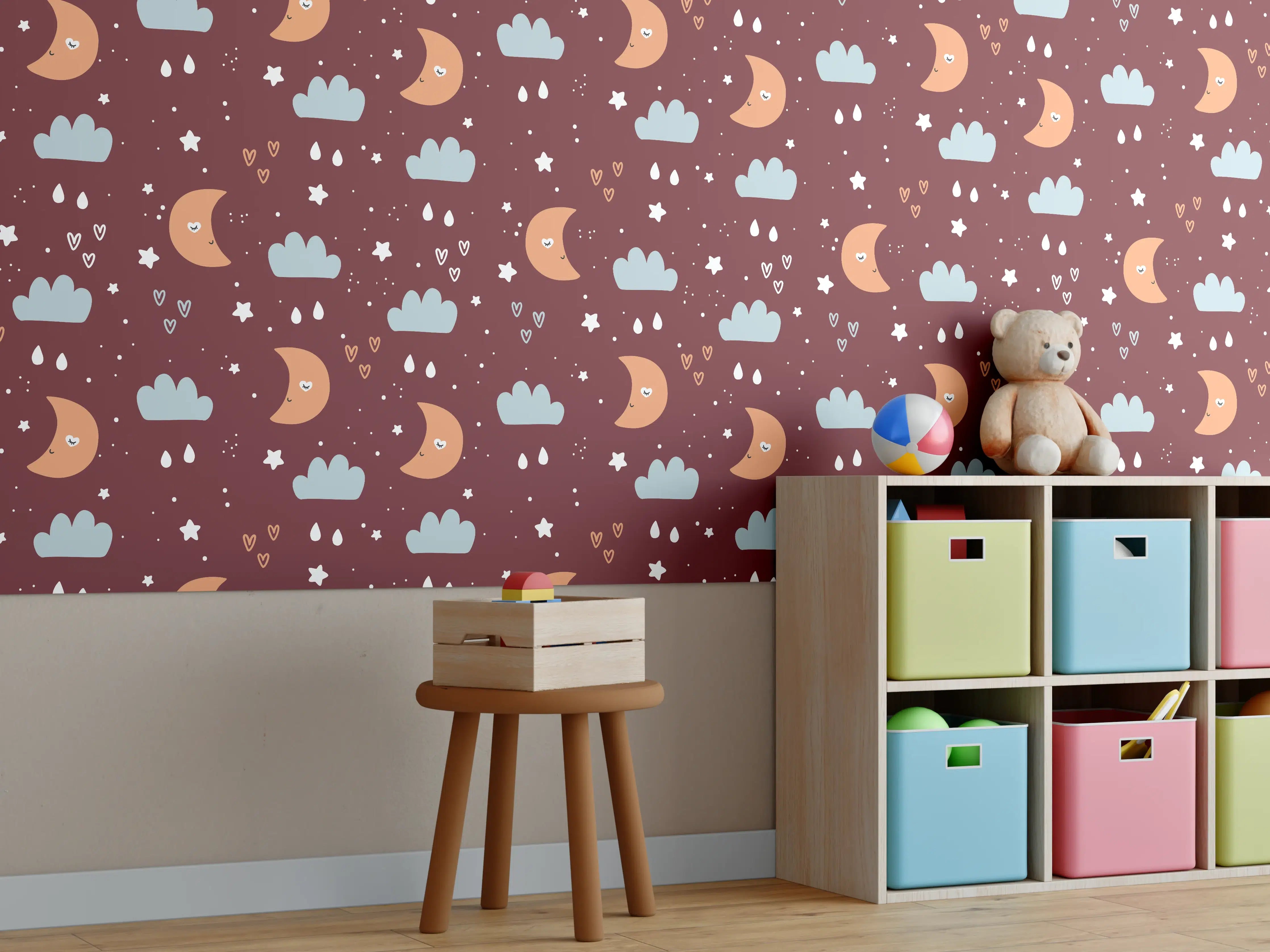 Kinderzimmer Wandgestaltung - Himmlische in der Nacht mit Wolken und Stern