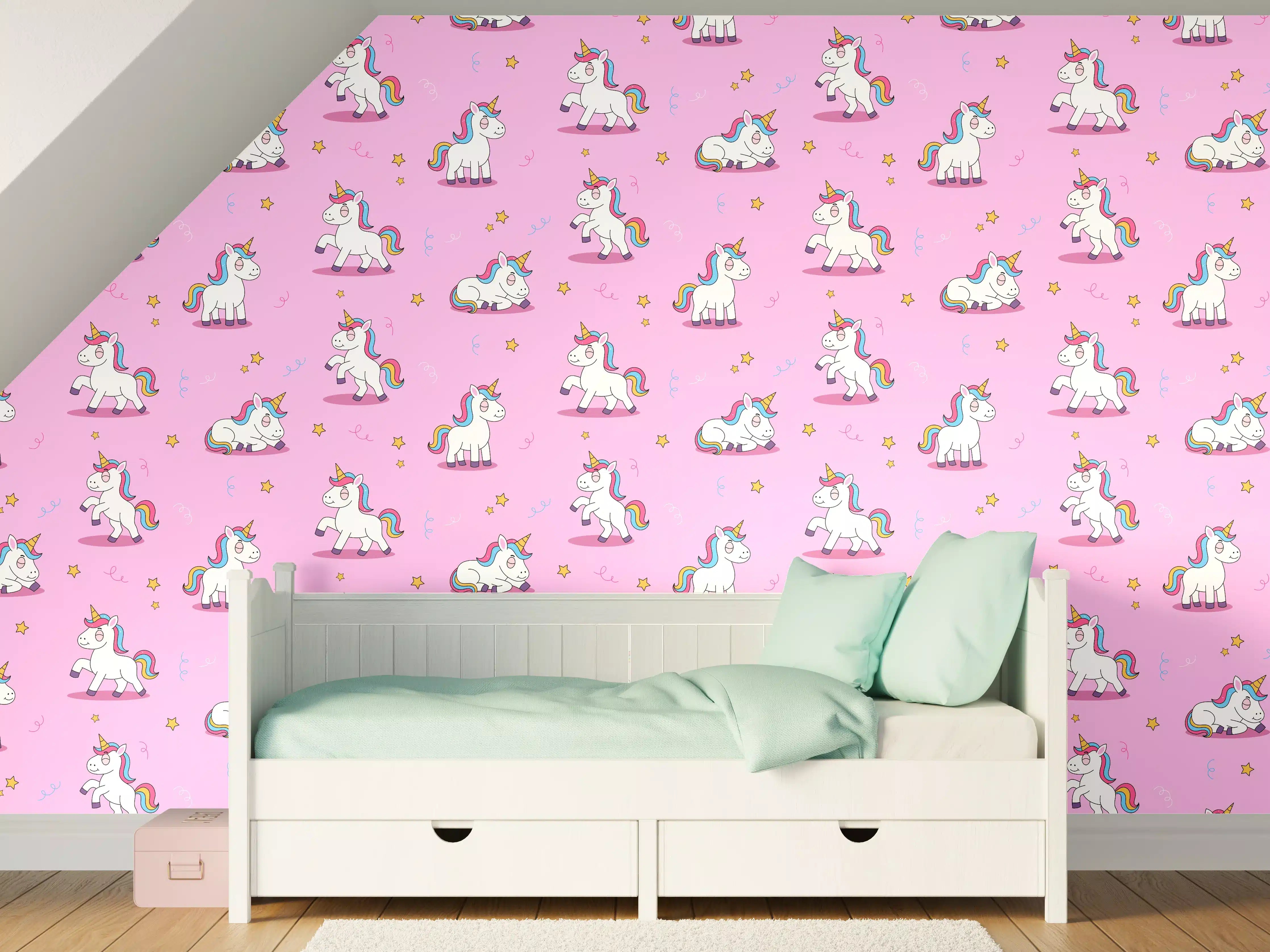Kinderzimmer Wandgestaltung - Himmlischer Einhorn-Zauber auf Buntem Hintergrund