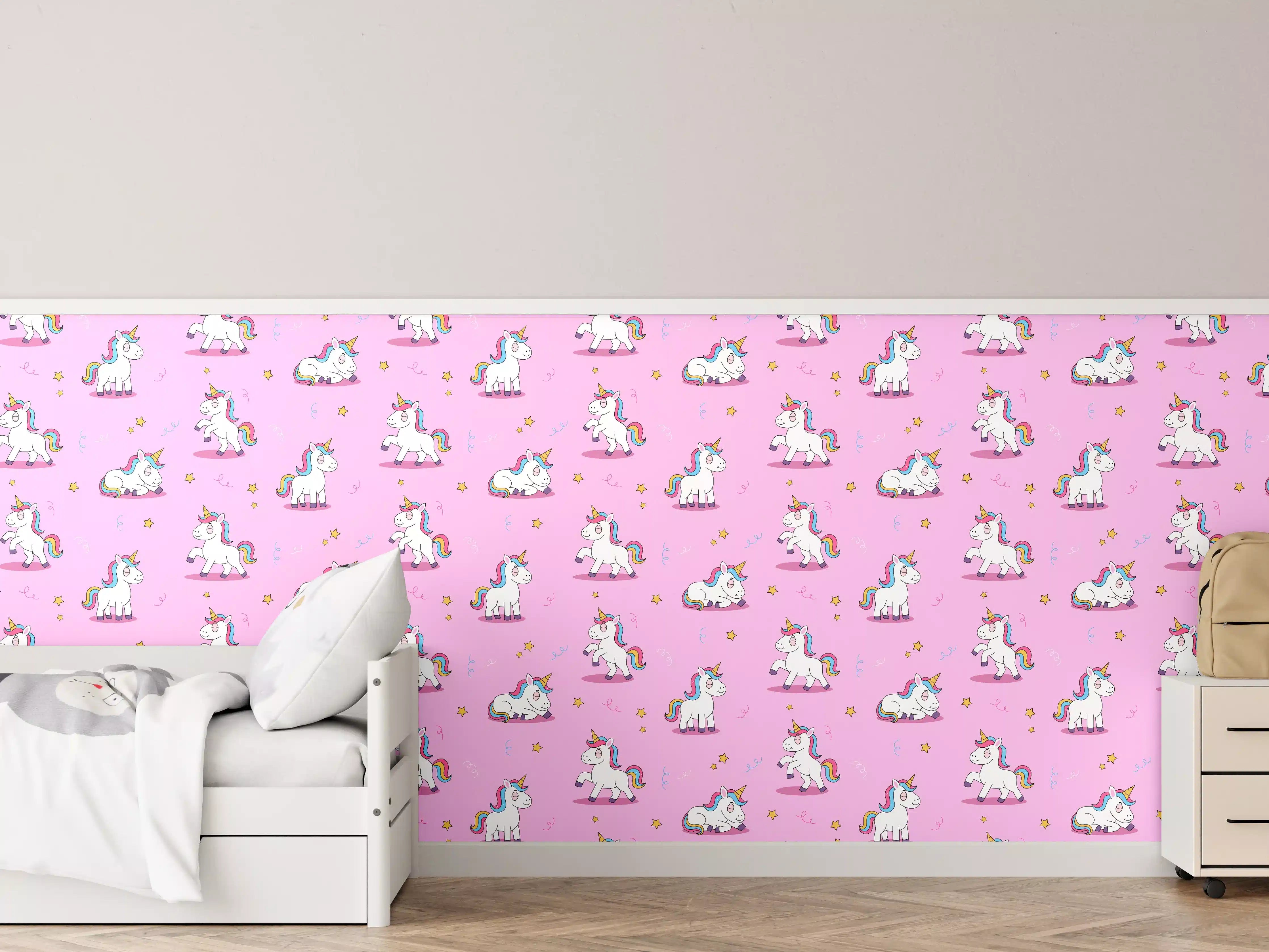 Kinderzimmer Wandgestaltung - Himmlischer Einhorn-Zauber auf Buntem Hintergrund